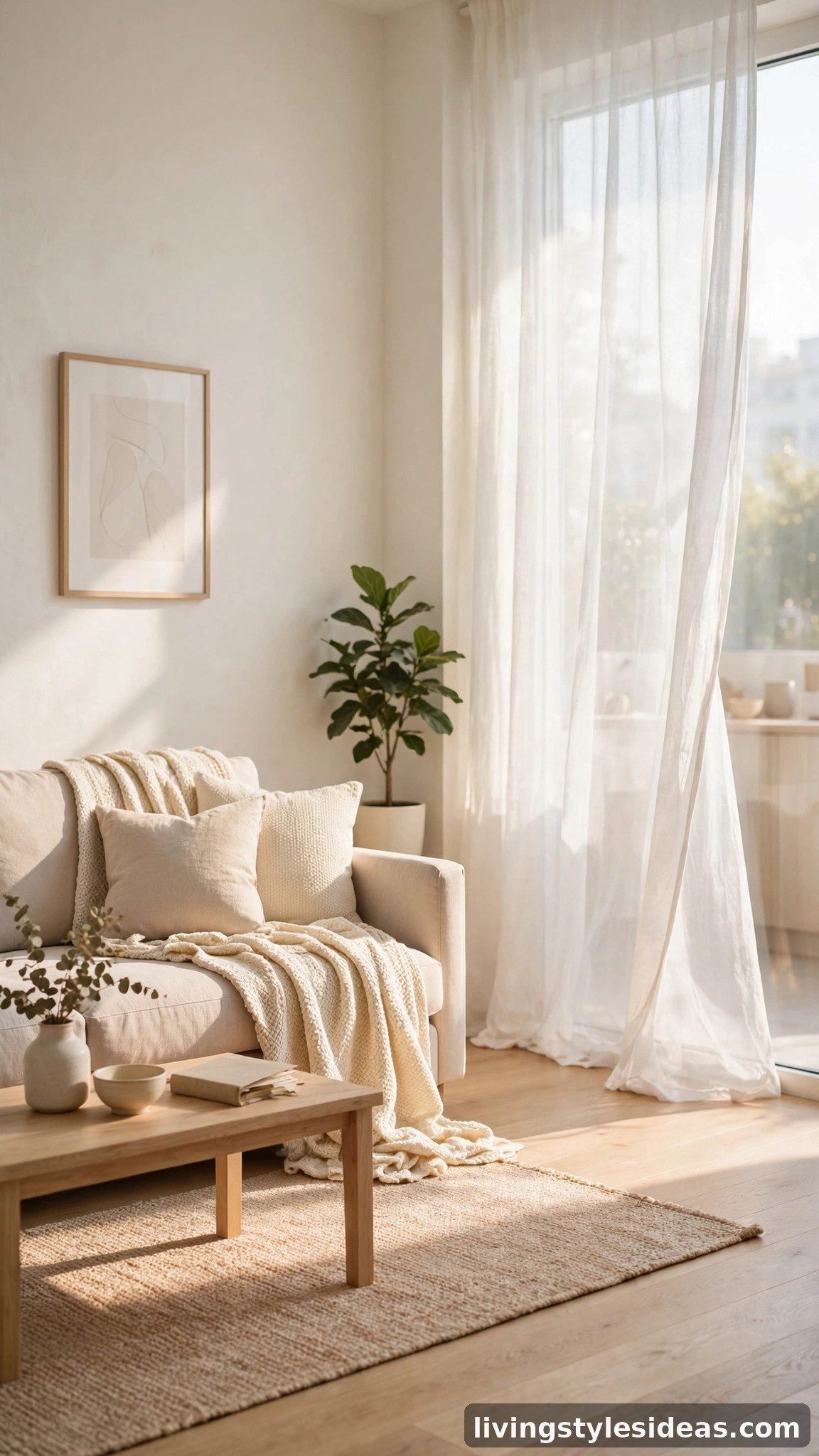 Bright cozy studio apartment in white and cream tones feeling spacious