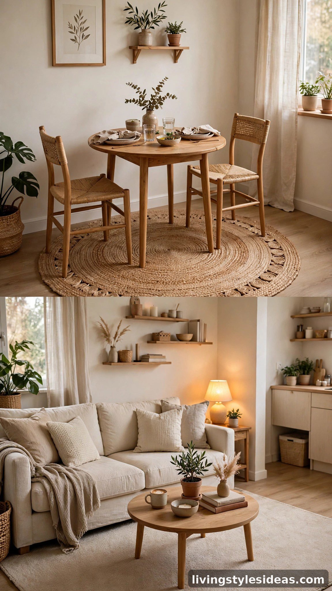 Studio apartment with area rugs defining living and dining zones