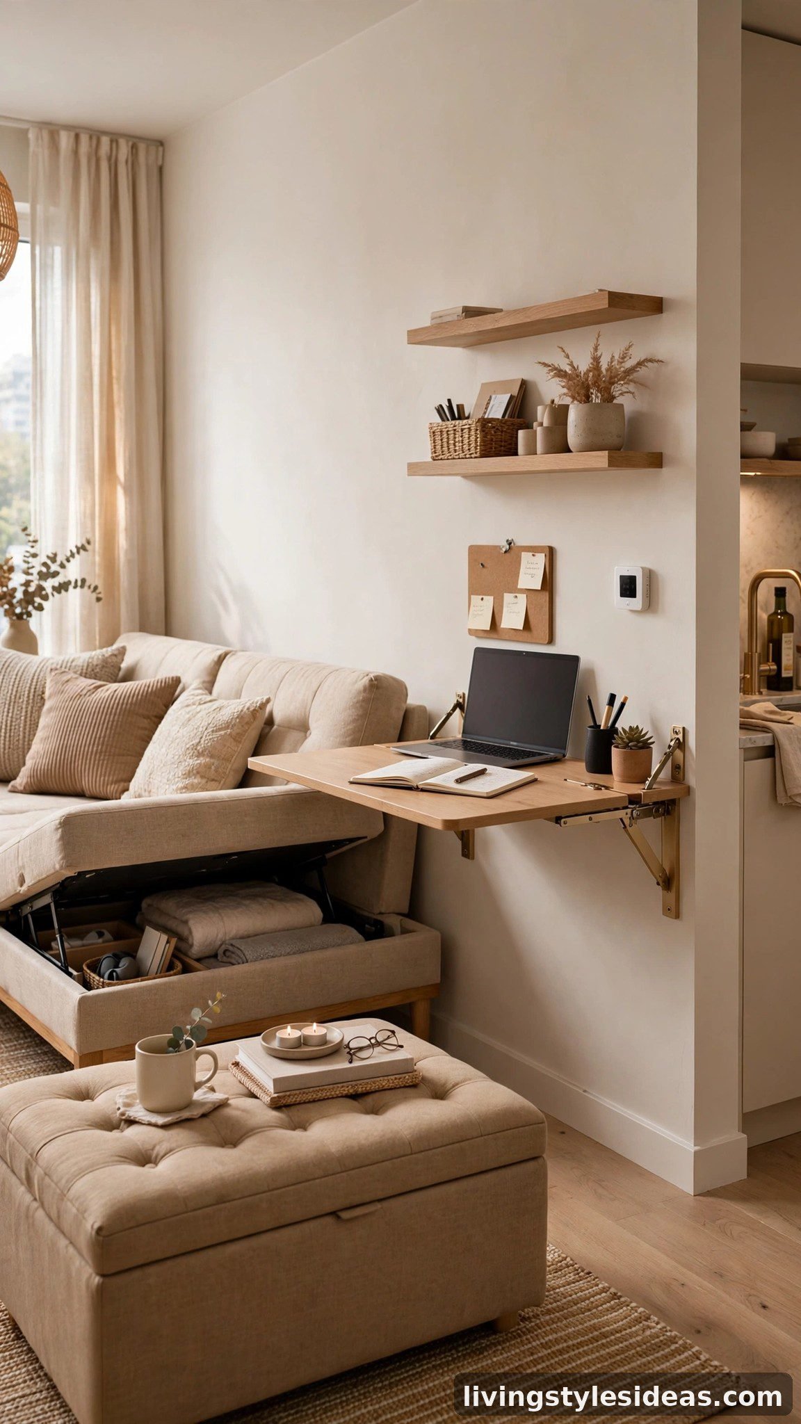 Multifunctional furniture with hidden storage in a cozy studio apartment