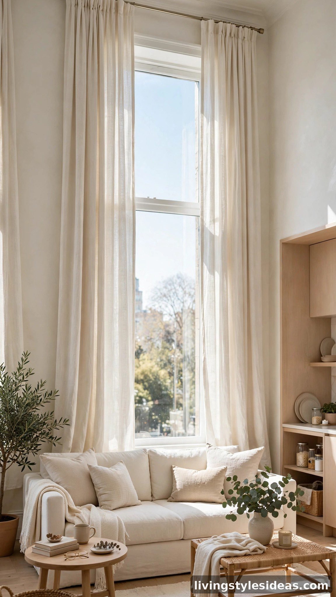 Floor-to-ceiling linen curtains hung high in a bright studio apartment