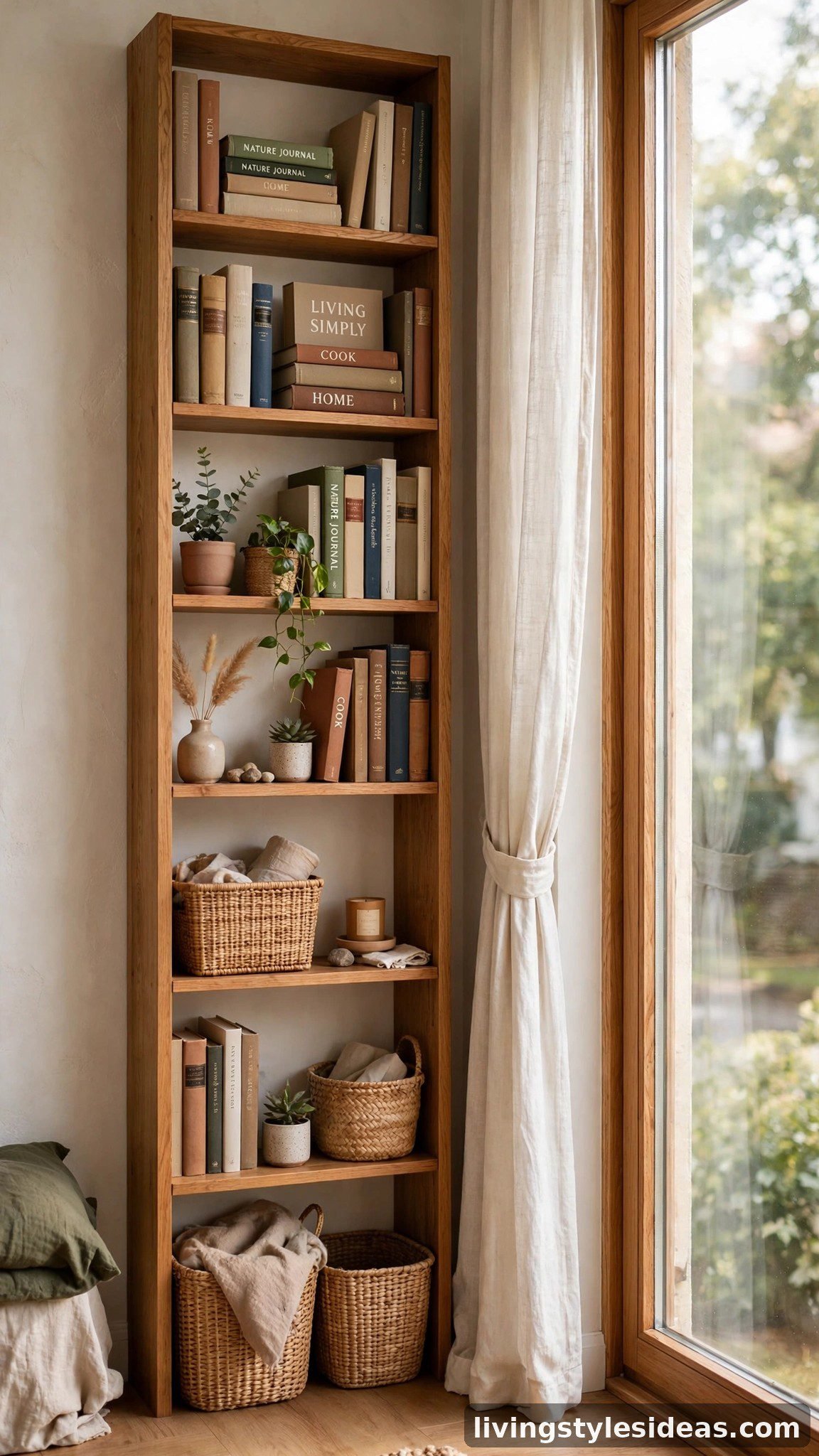 Tall floor-to-ceiling bookshelf styled with plants in a studio corner