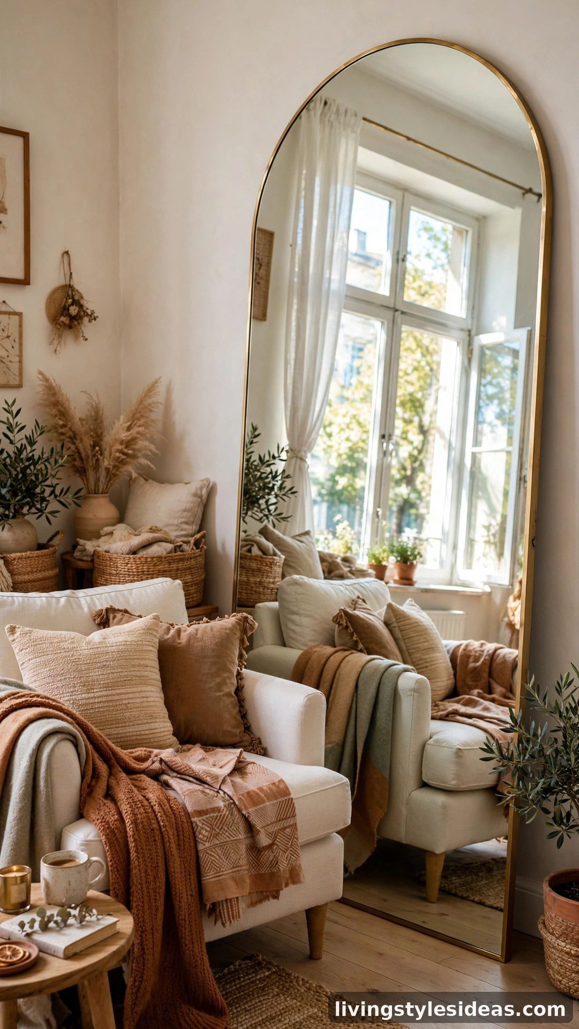 Oversized arched mirror reflecting window light in a cozy studio