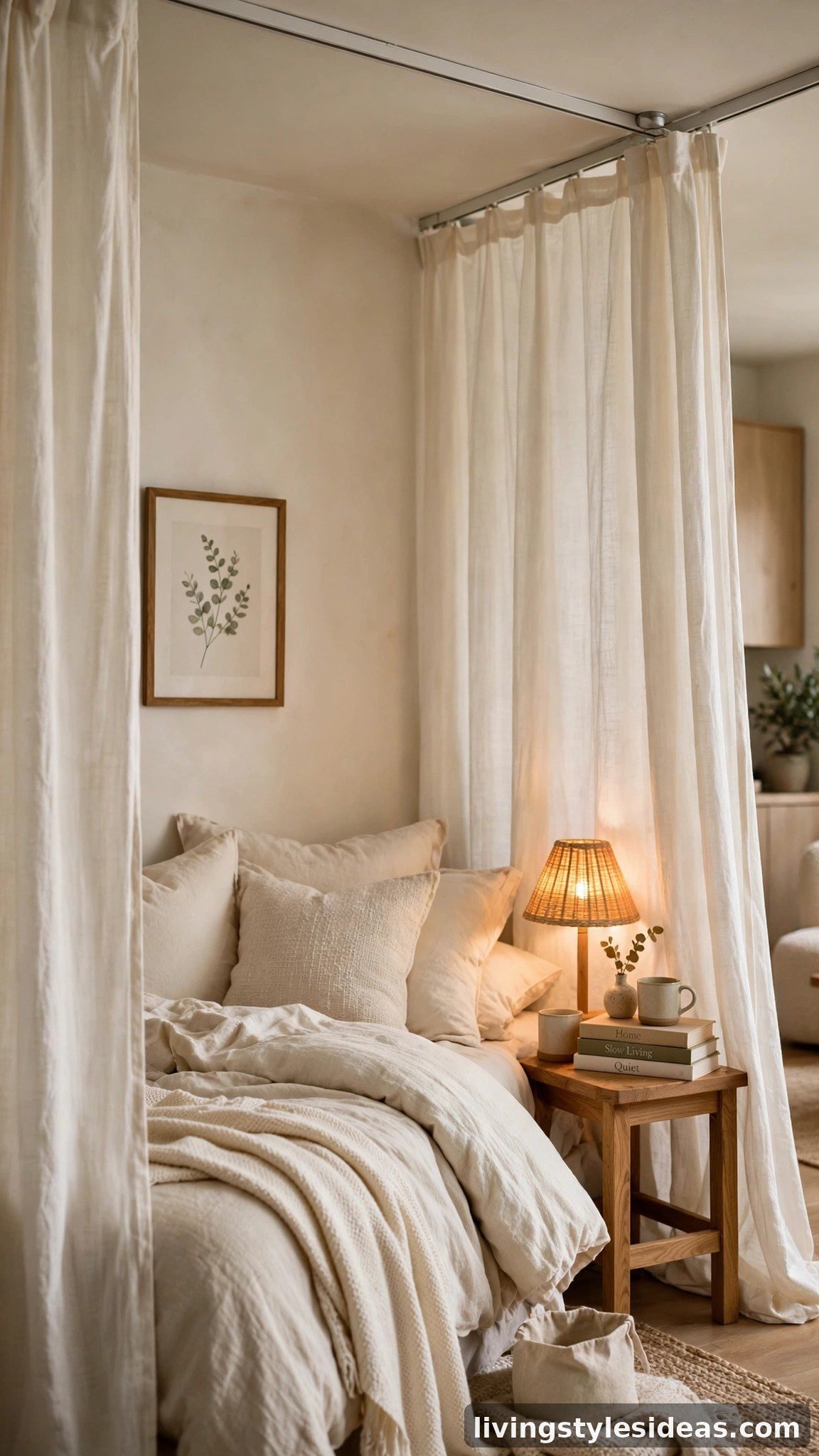 Cozy bed nook with linen curtain divider and warm lamp in a studio