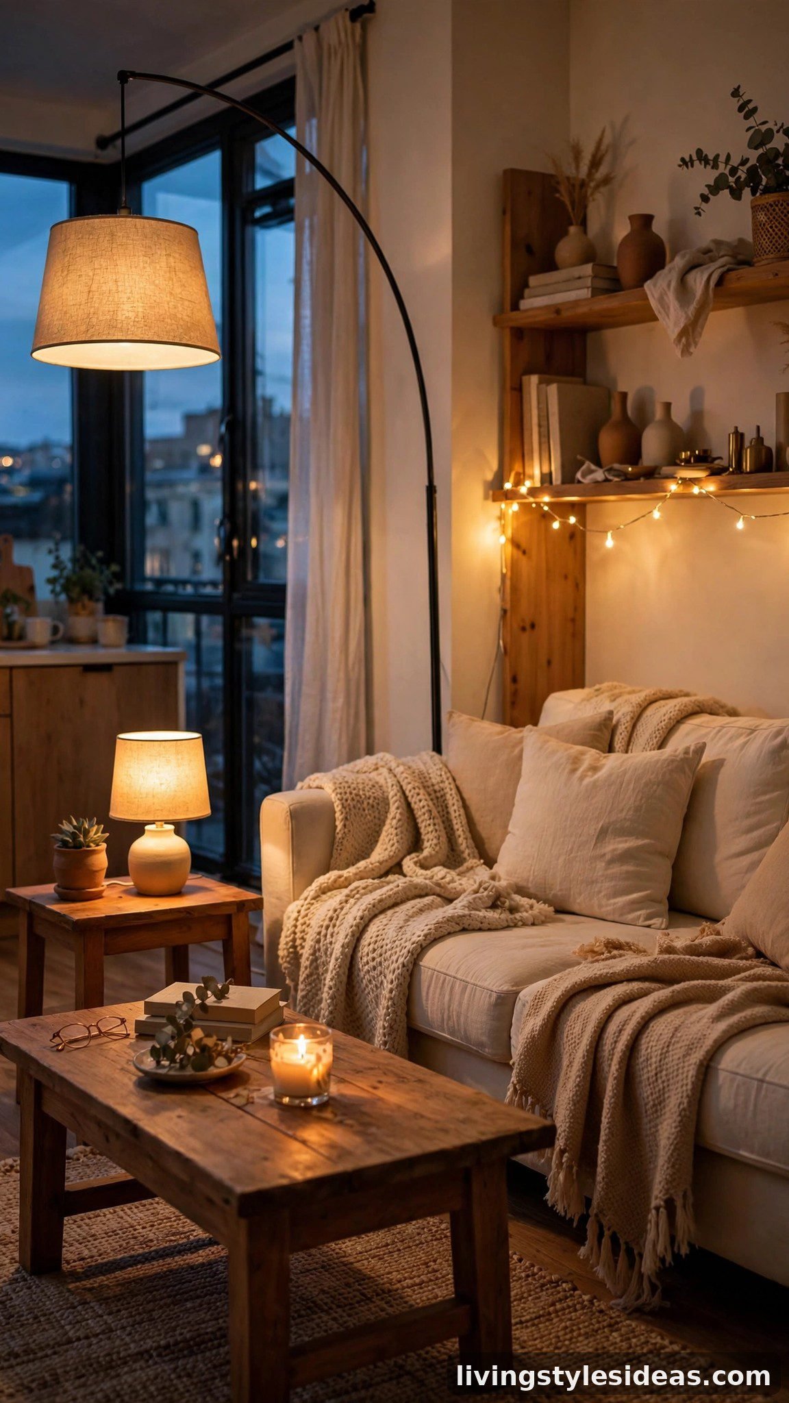 Warm layered lighting glowing in a cozy studio apartment at dusk