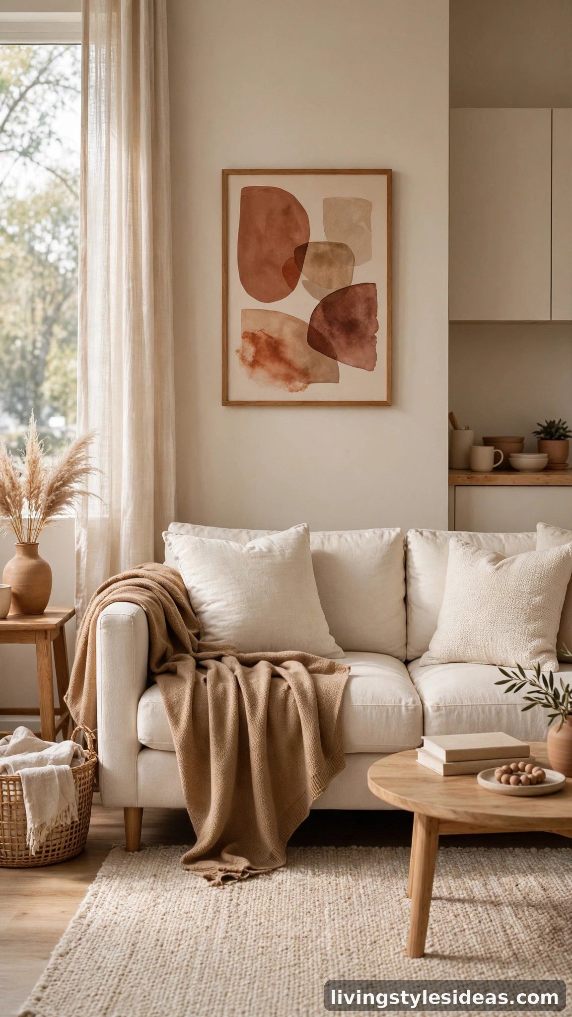 Cozy studio apartment in a cohesive warm beige and camel color story