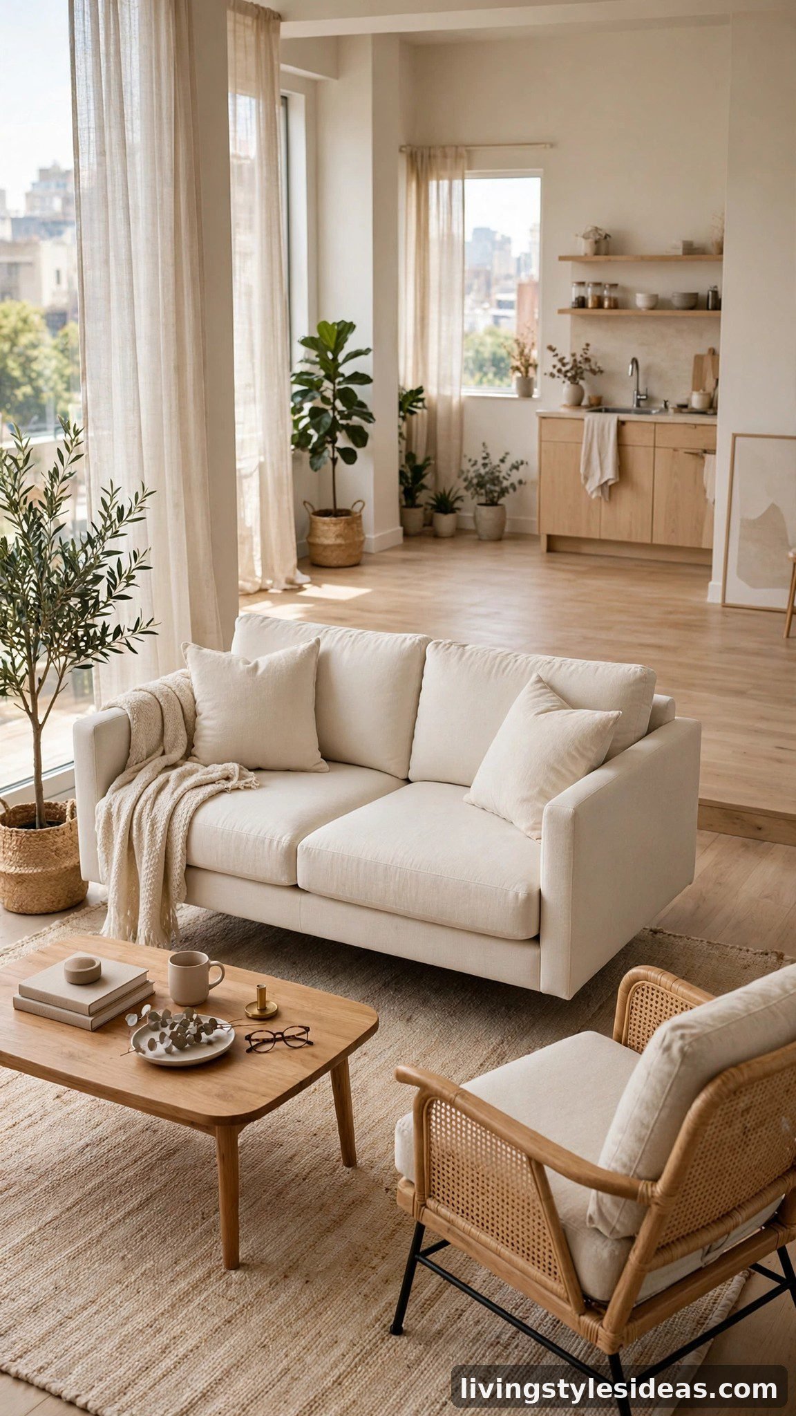 Sofa floated off the wall on an area rug in an airy studio layout