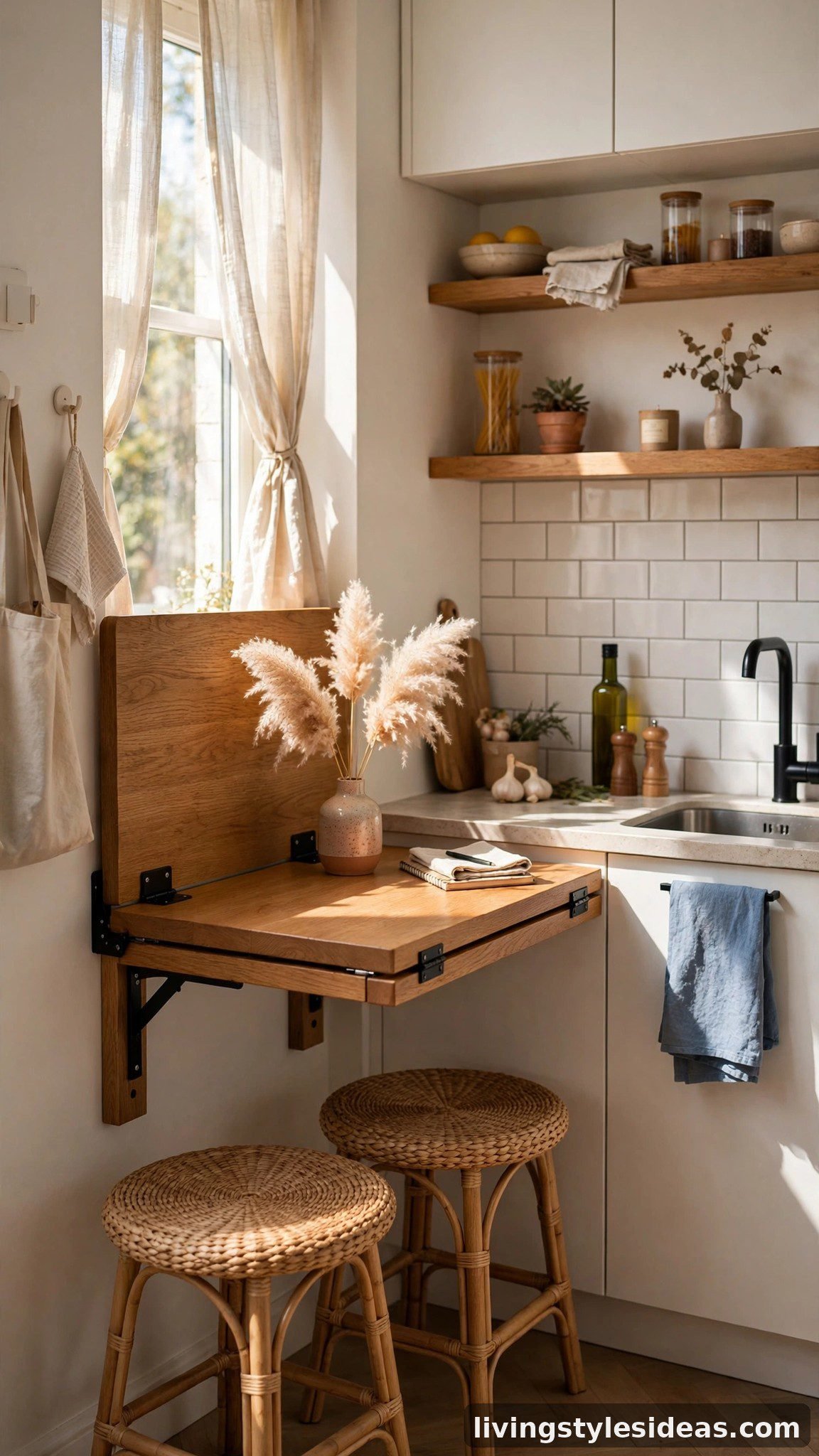 Fold-down wall dining table with stools in a small studio kitchen corner