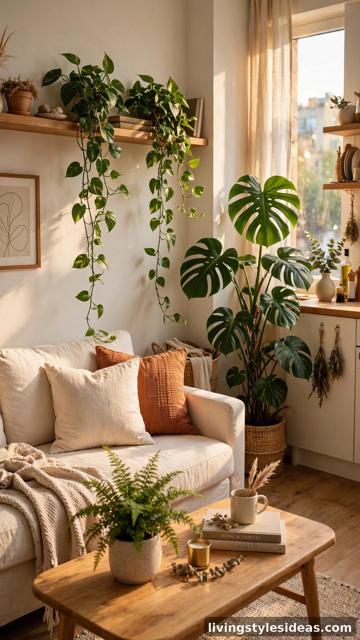 Lush green houseplants softening a cozy small studio apartment