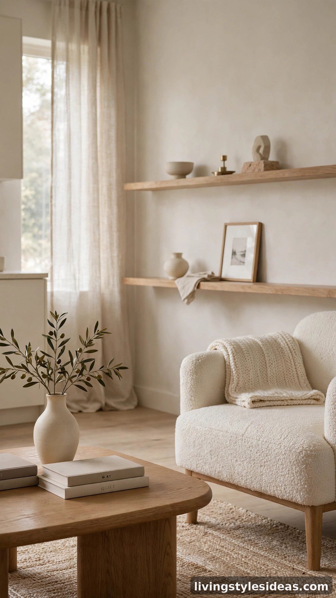 Serene uncluttered studio apartment with curated minimal styling