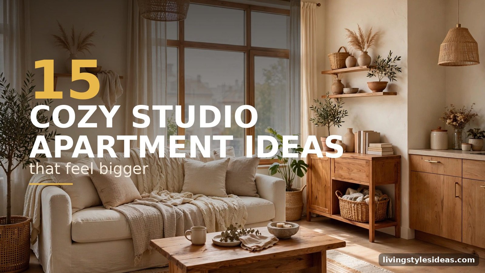 Cozy studio apartment decorated to feel bigger, with warm light and cream textiles