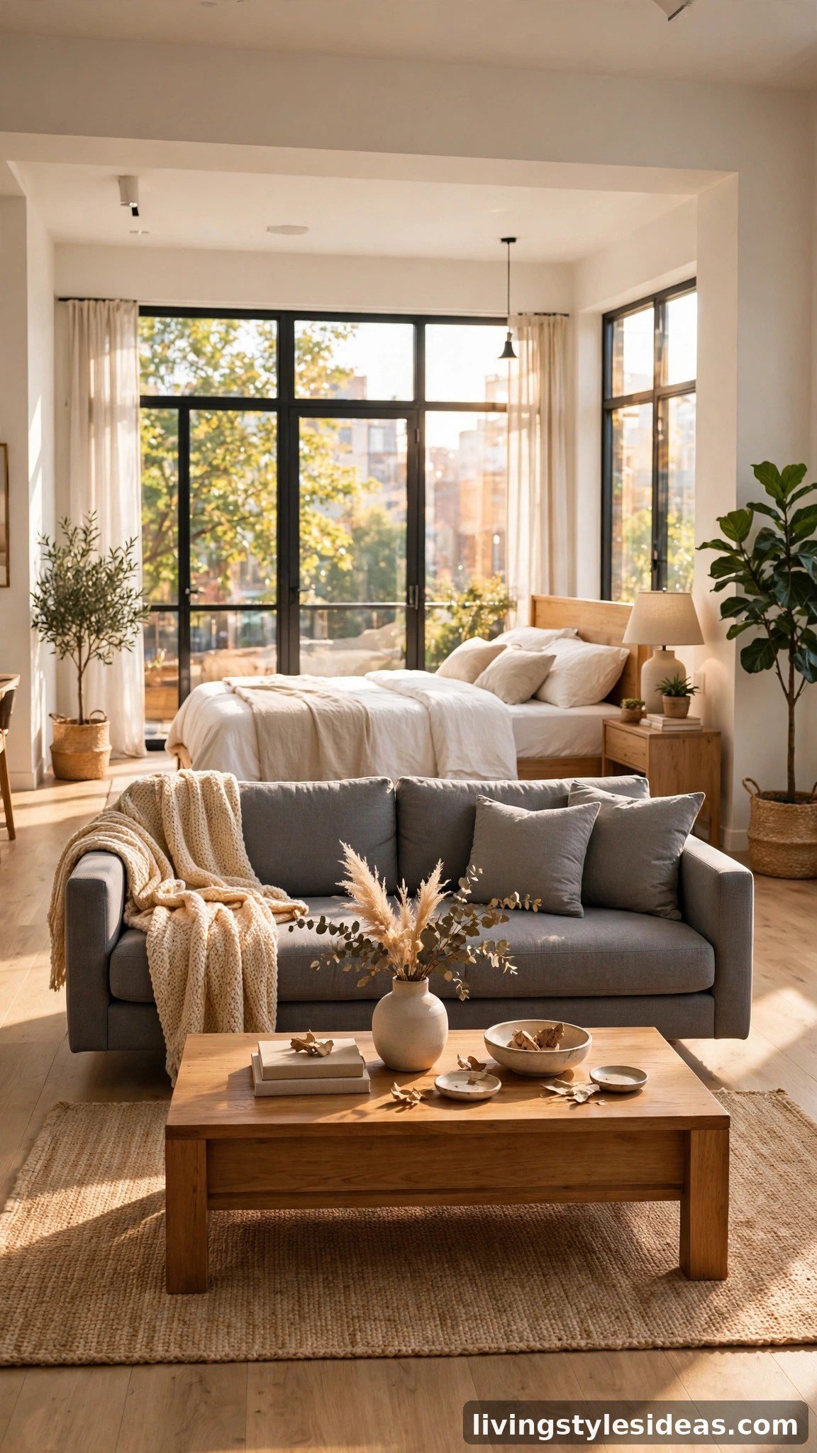 Studio apartment with the sofa floated off the wall to create separate living and sleeping zones