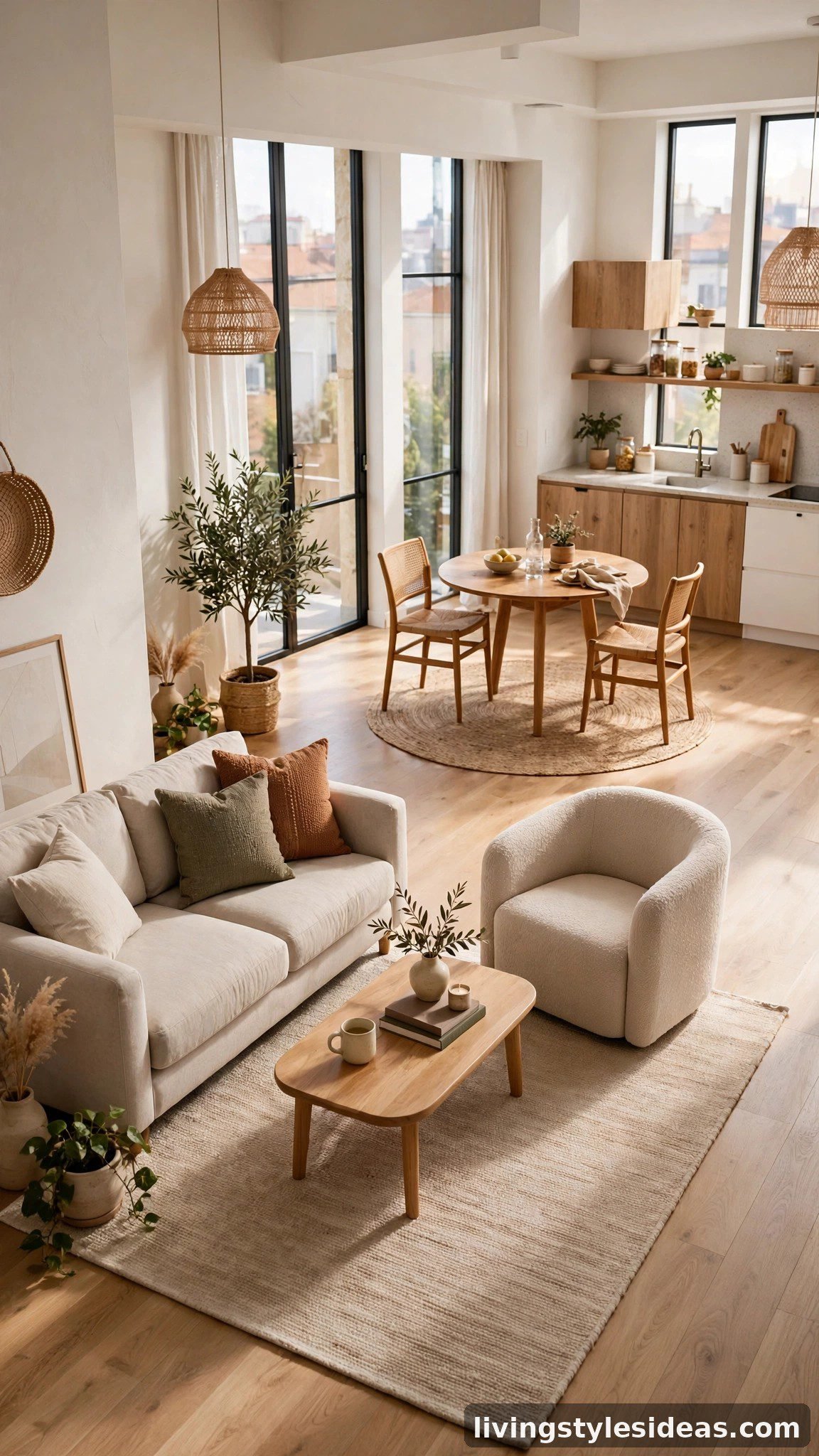Two area rugs defining living and dining zones in an open studio apartment