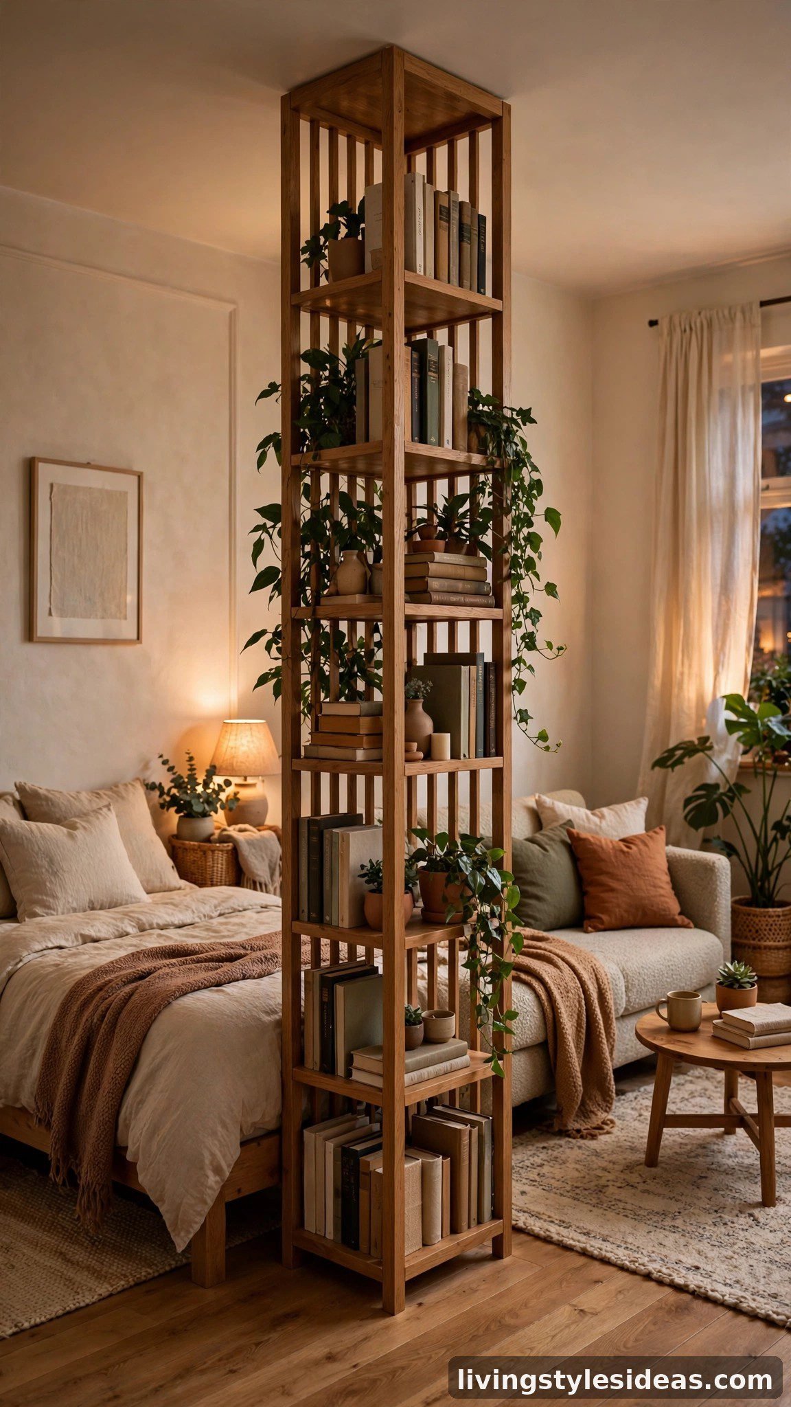 Open bookshelf room divider separating the bed from the living area in a studio apartment