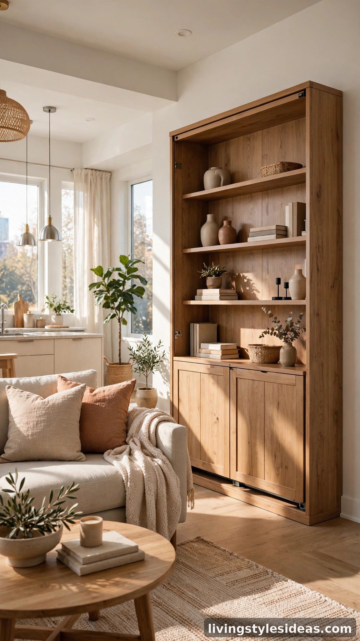 Murphy wall bed folded up against the wall in a multipurpose studio apartment