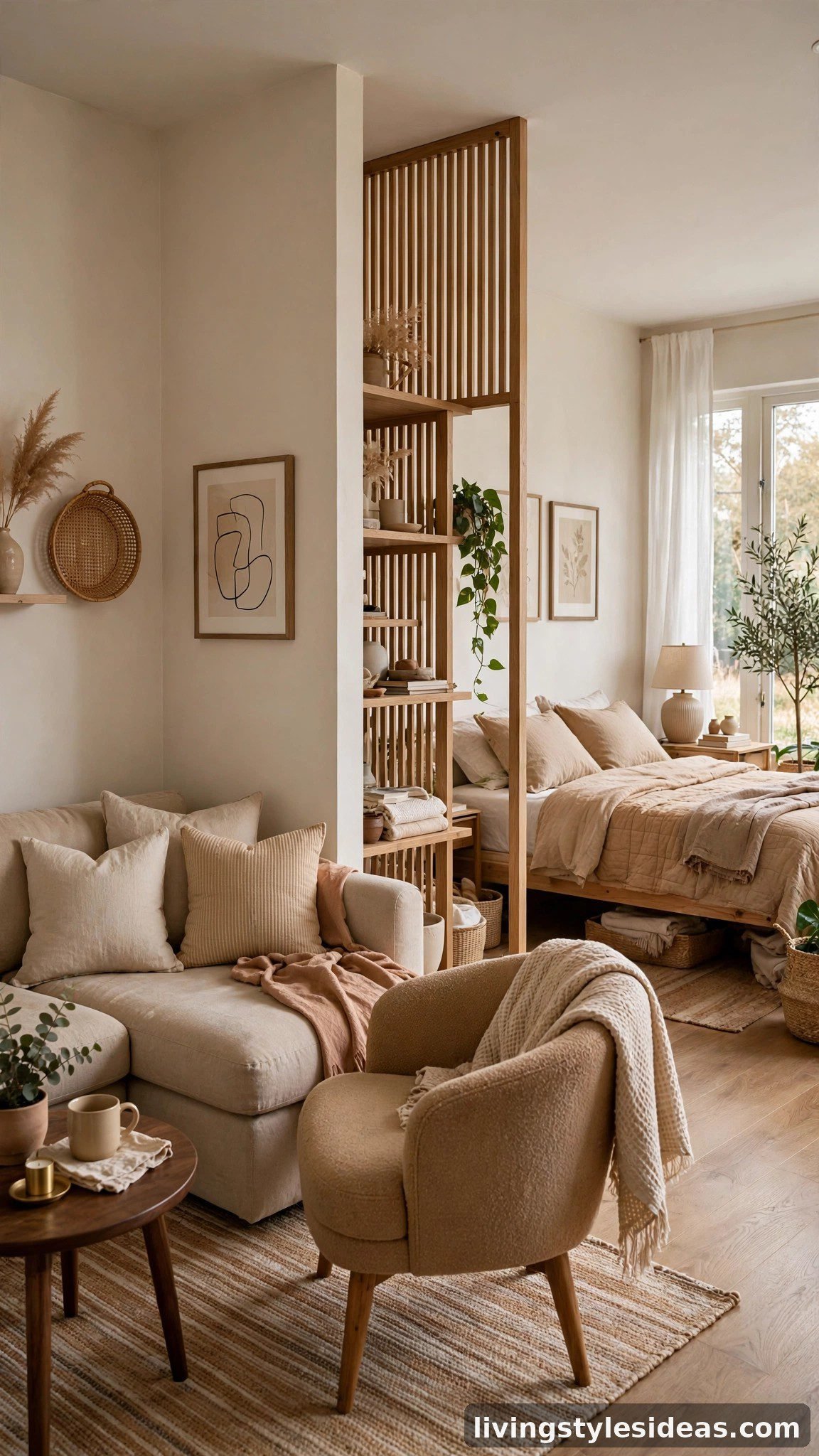L-shaped studio apartment layout with the living area tucked into the corner