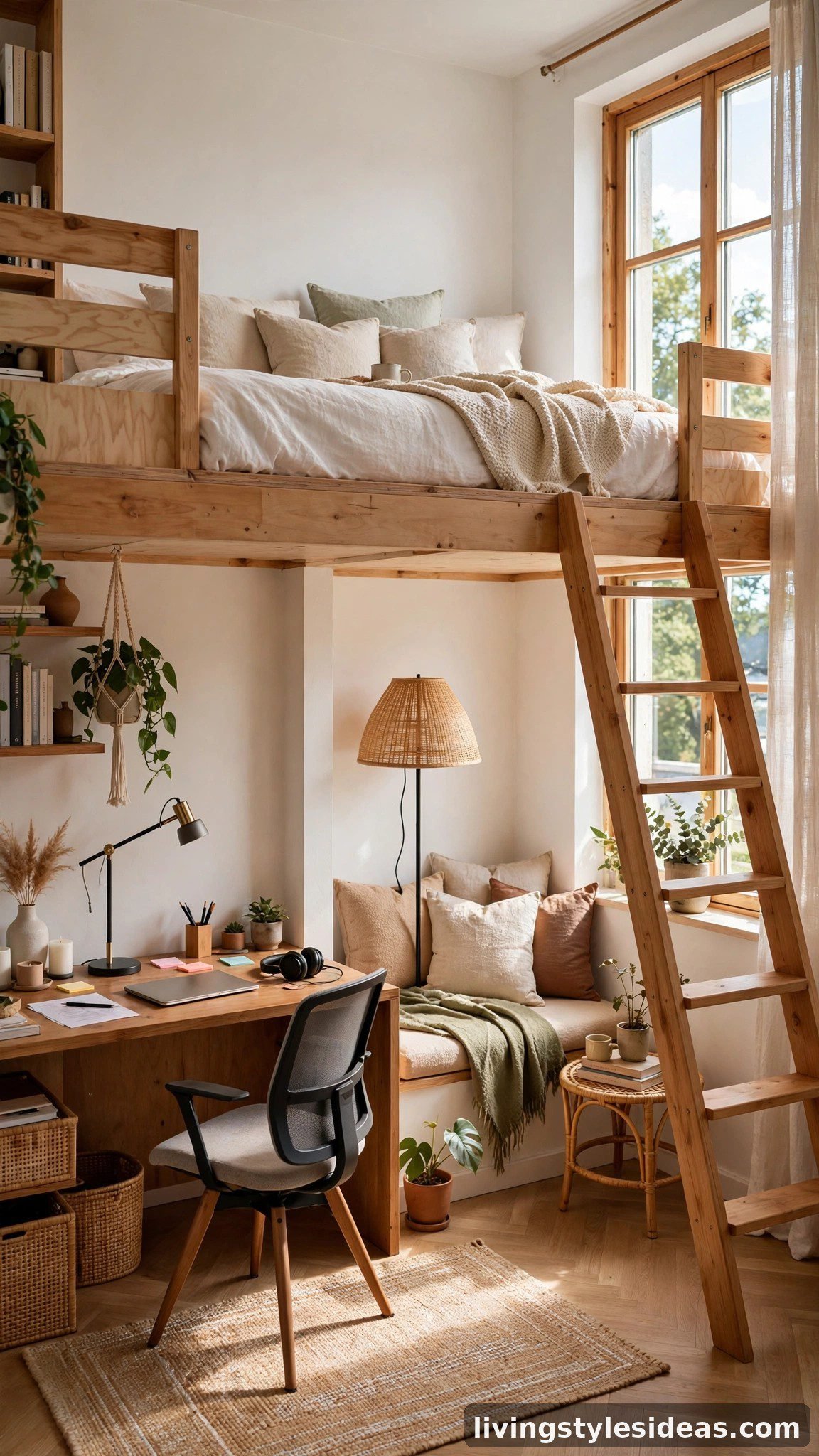 Loft bed with a desk and reading nook underneath in a small studio apartment