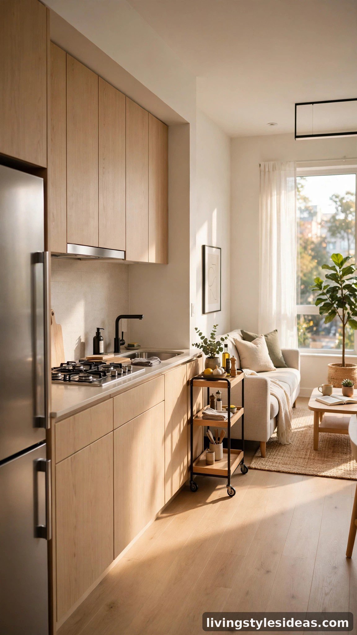 Galley kitchen along one wall with a clear open flow through a studio apartment