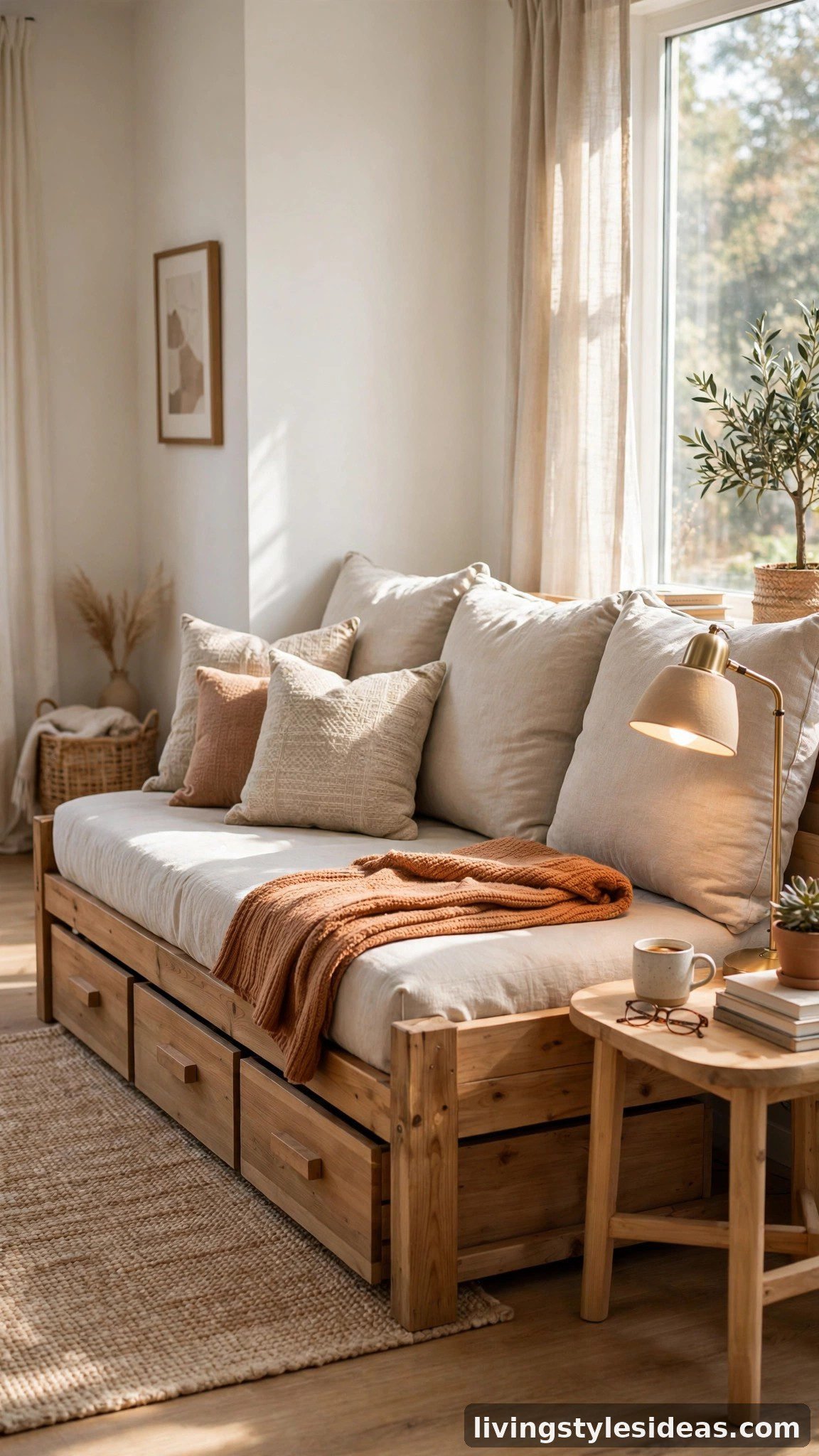 Daybed styled as a sofa in a bright studio apartment living area