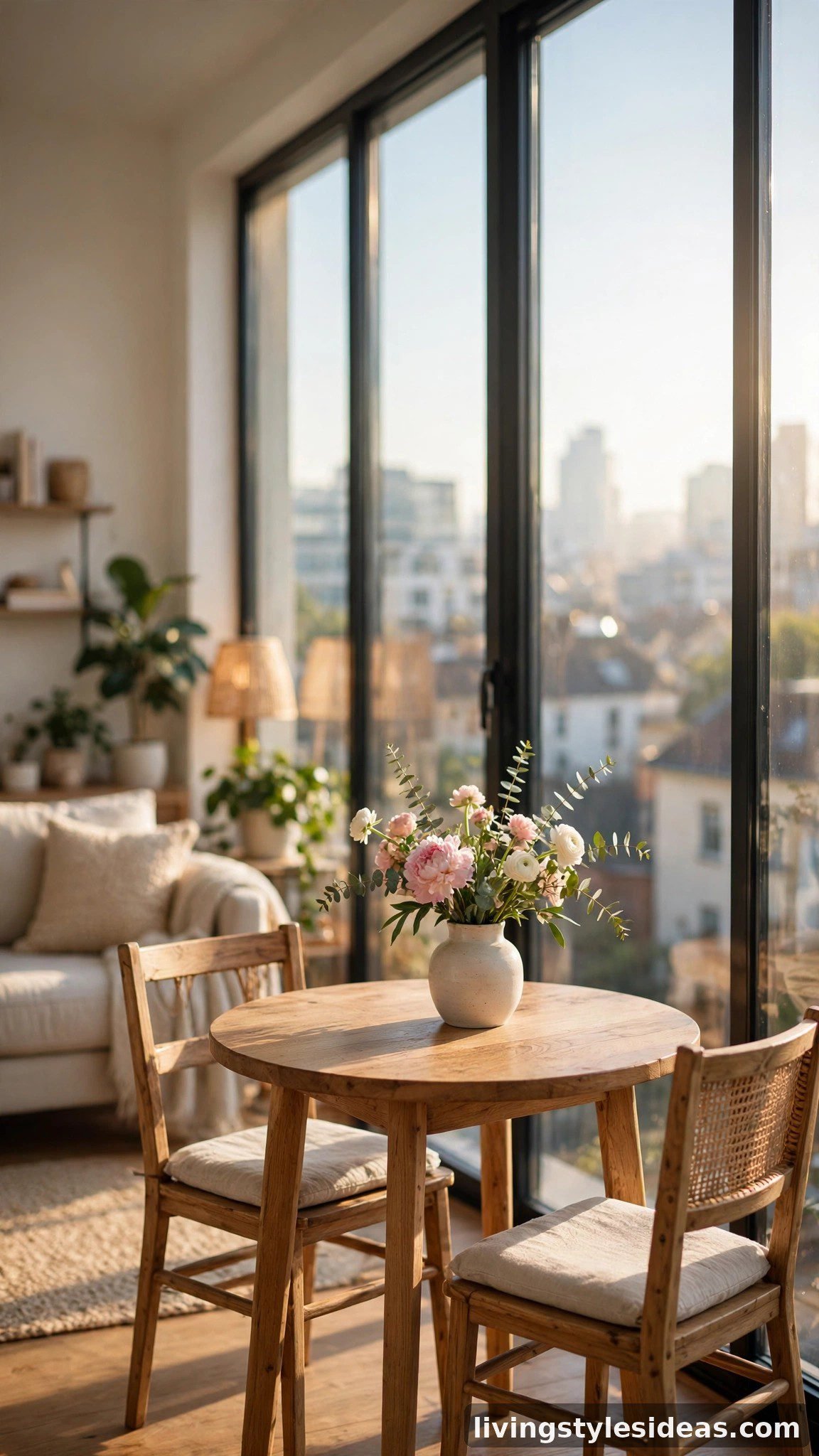 Small round dining table with chairs beside a large window in a studio apartment