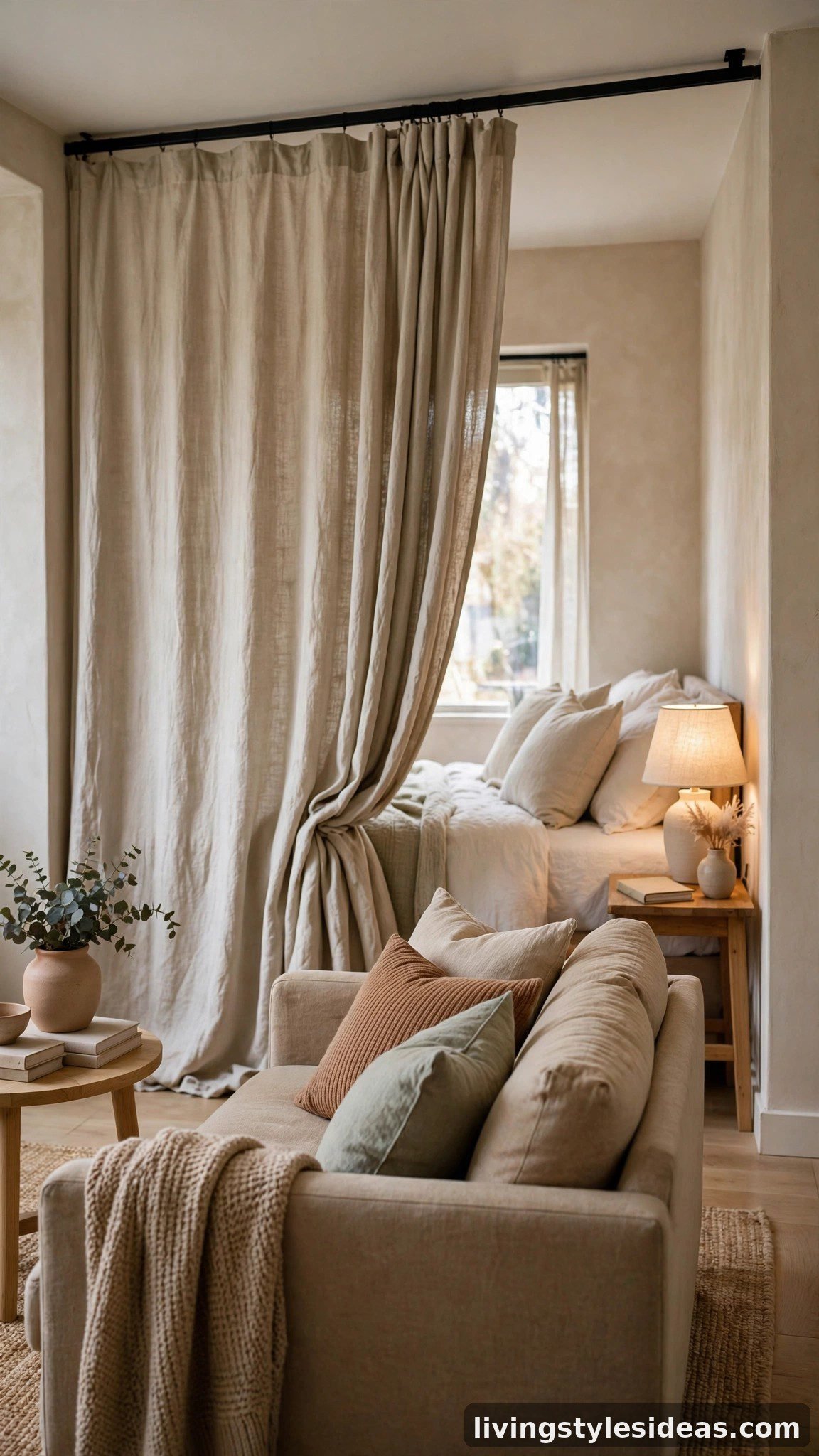 Ceiling-mounted curtain divider giving privacy to the bed nook in a studio apartment