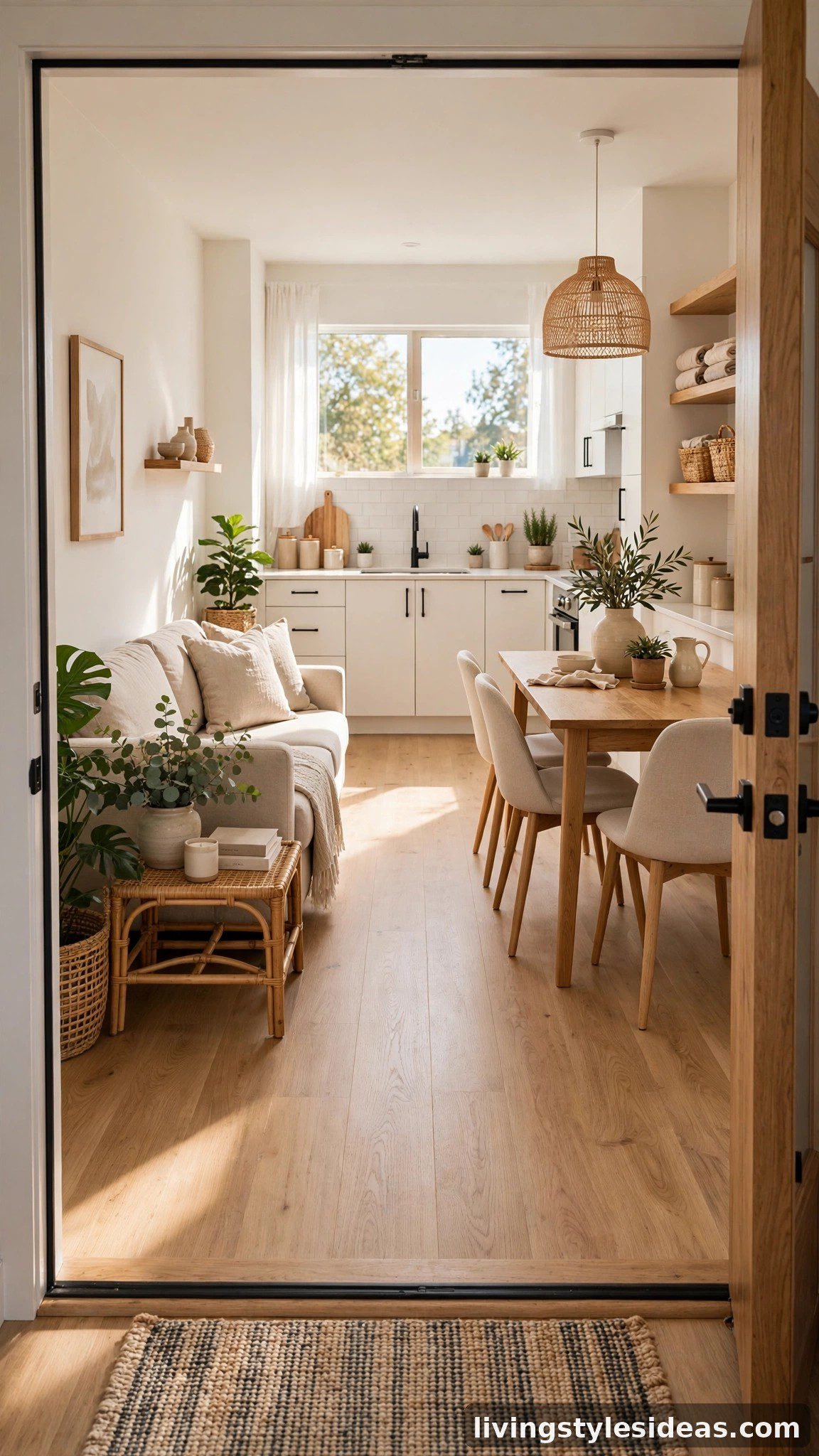 Clear walkway running through a well-planned studio apartment layout