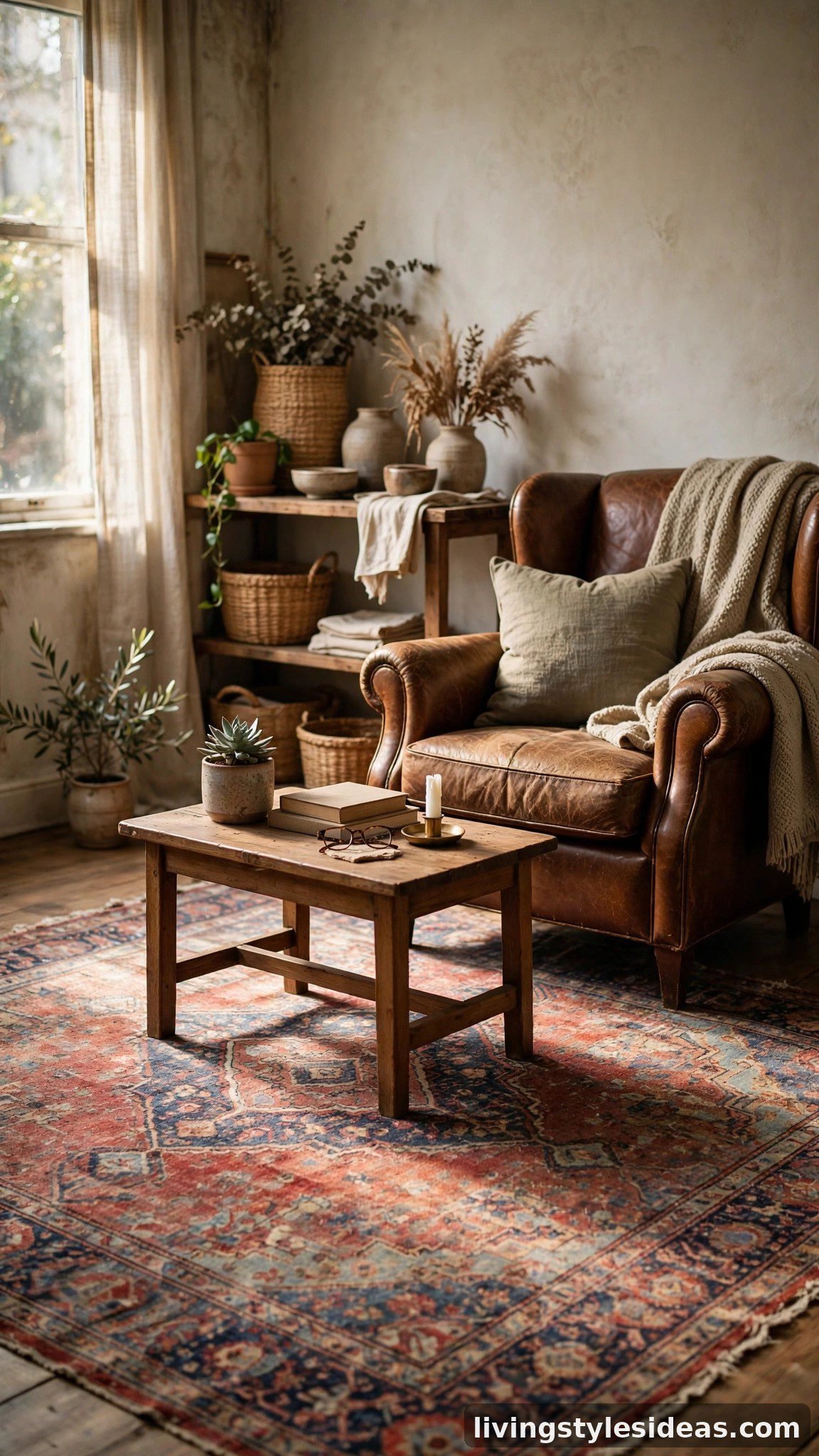 Vintage Persian rug adding character to a studio apartment living area