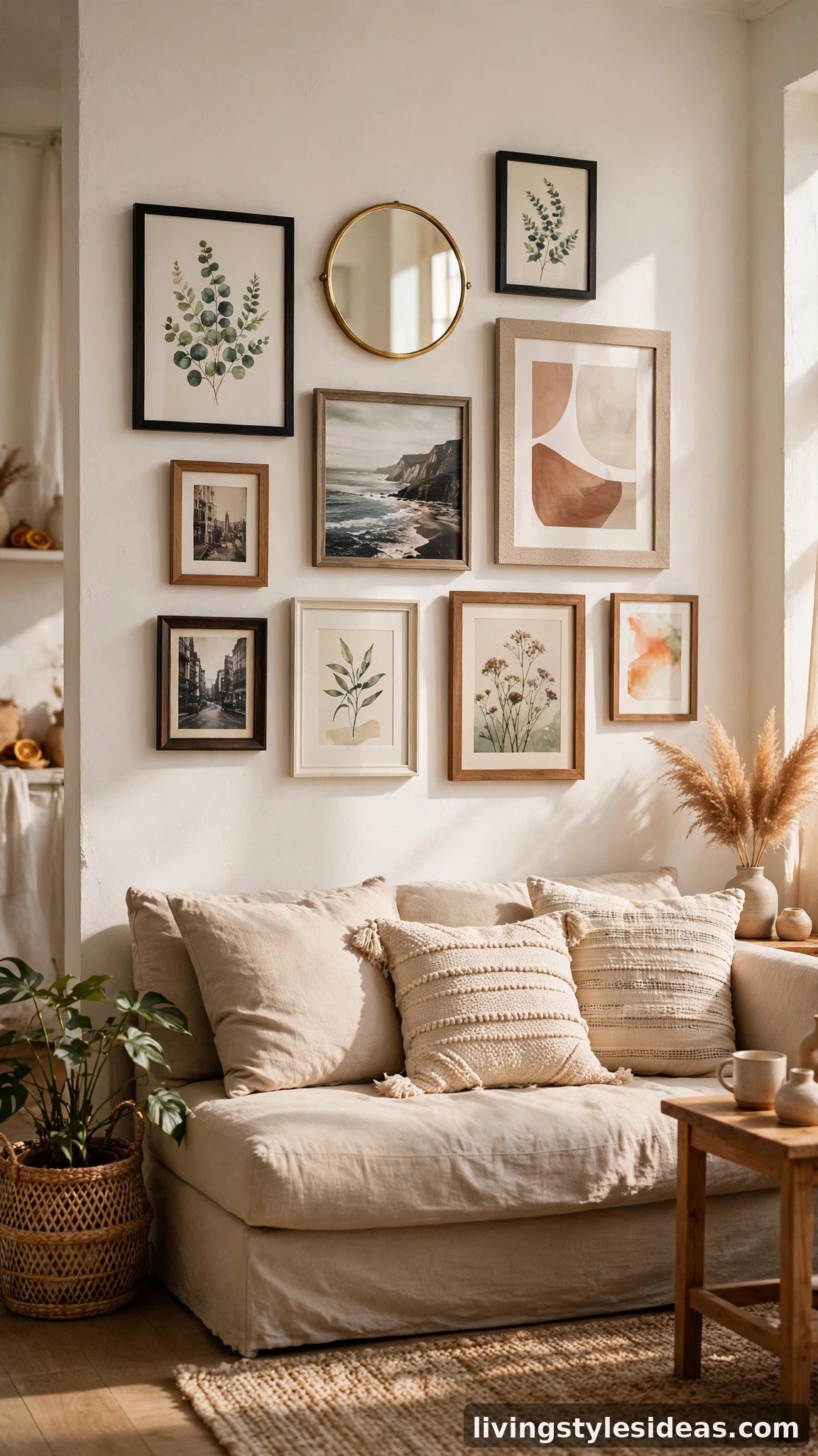 Eclectic gallery wall with mixed frames above a studio sofa