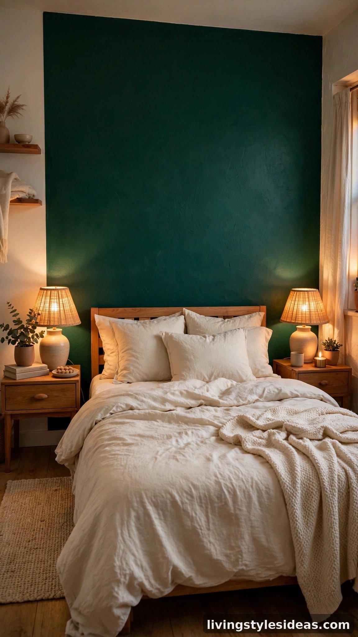 Bold emerald accent wall behind a bed in a studio apartment