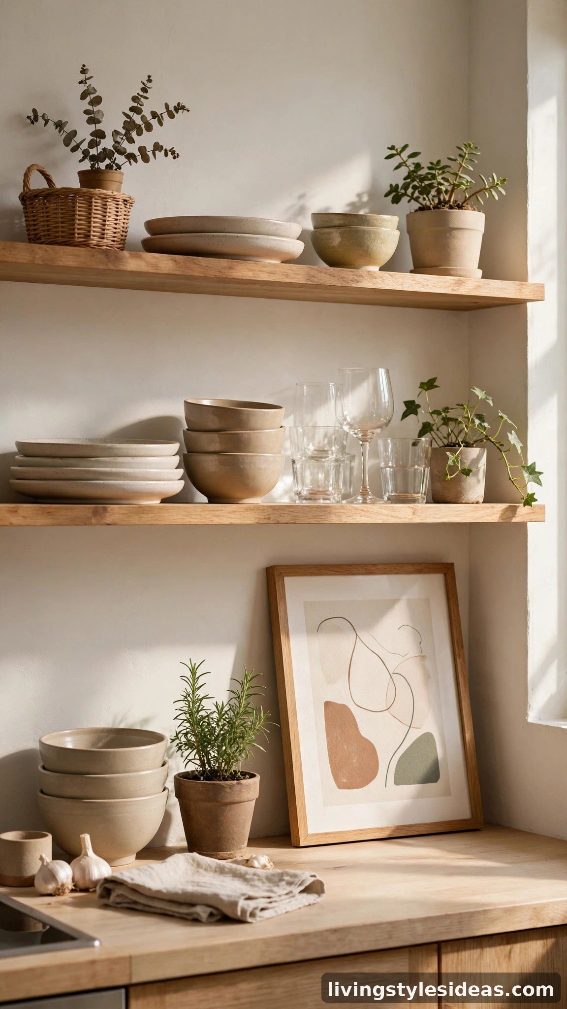 Curated open kitchen shelves styled with ceramics and plants in a studio