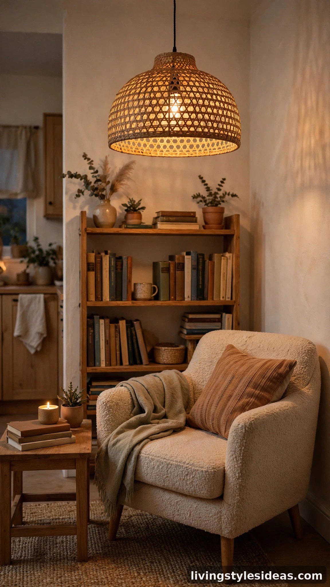 Rattan pendant light adding character to a studio apartment