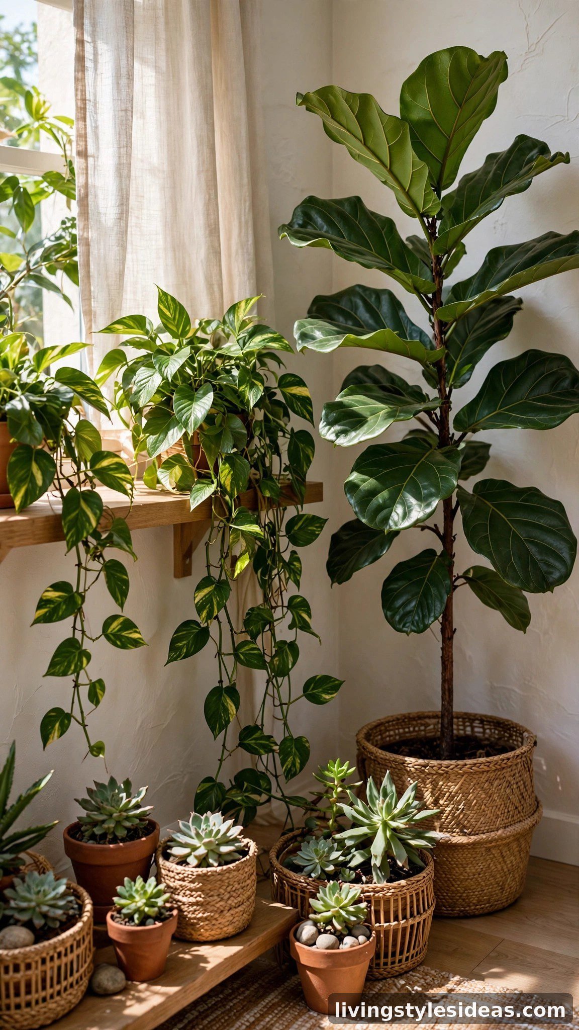 Lush houseplants in woven baskets brightening a studio apartment corner