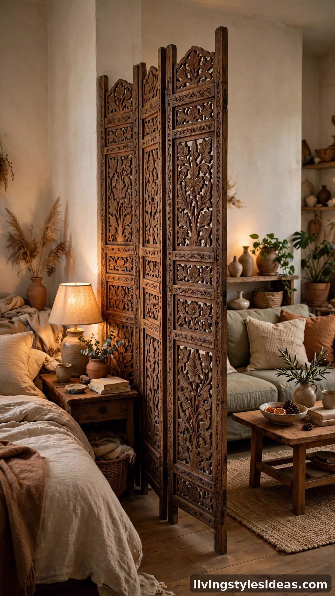 Vintage folding screen dividing a studio apartment into zones