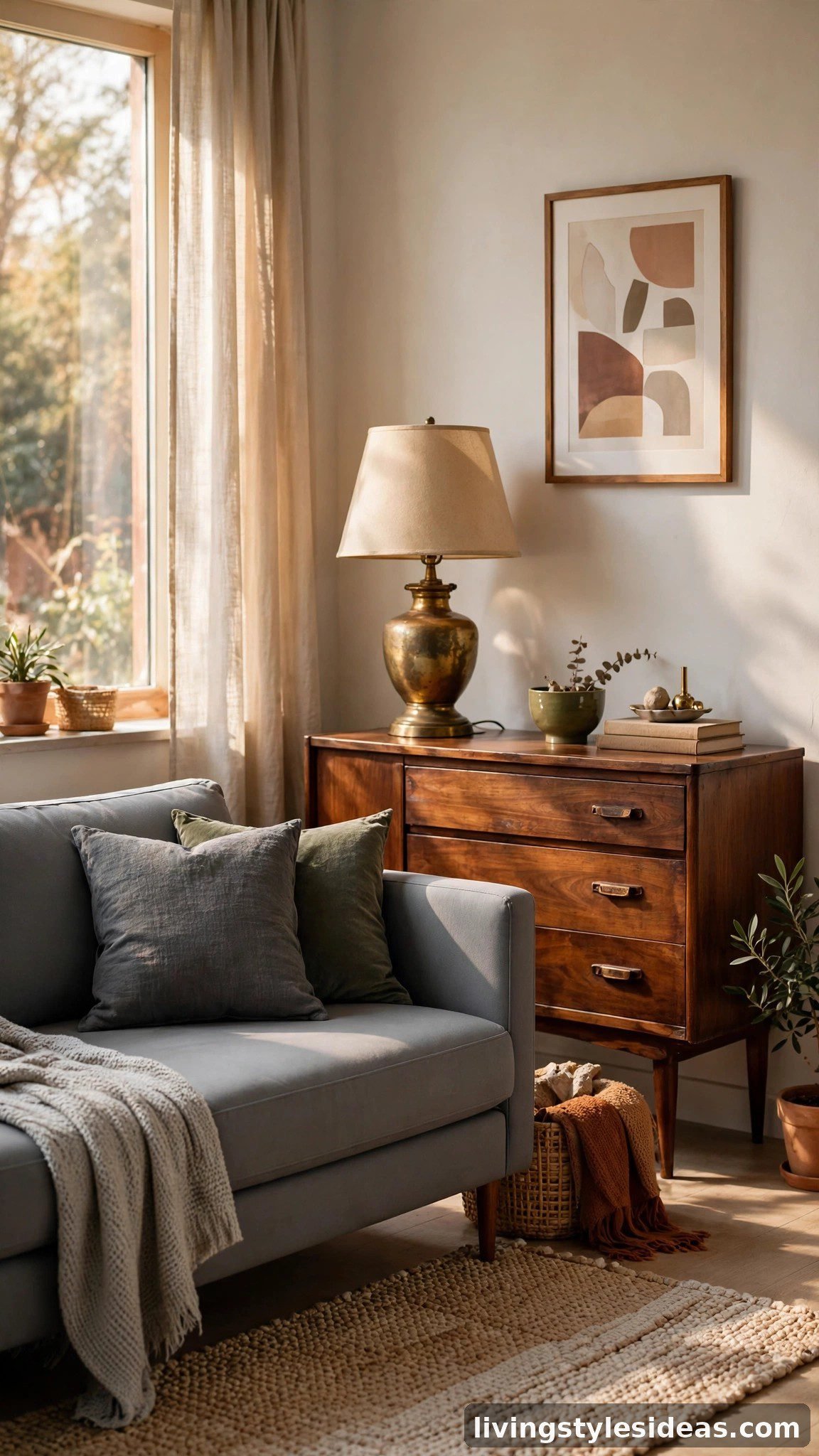 Modern sofa paired with a vintage mid-century credenza in a studio