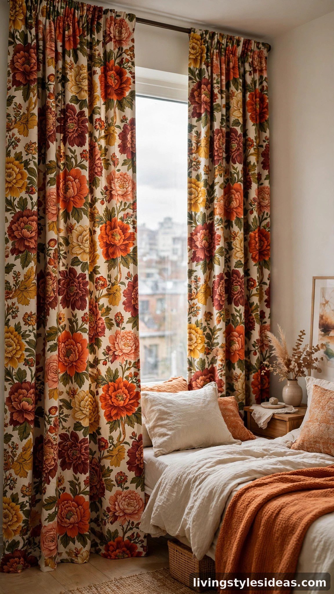Bold floral floor-to-ceiling curtains in a characterful studio apartment