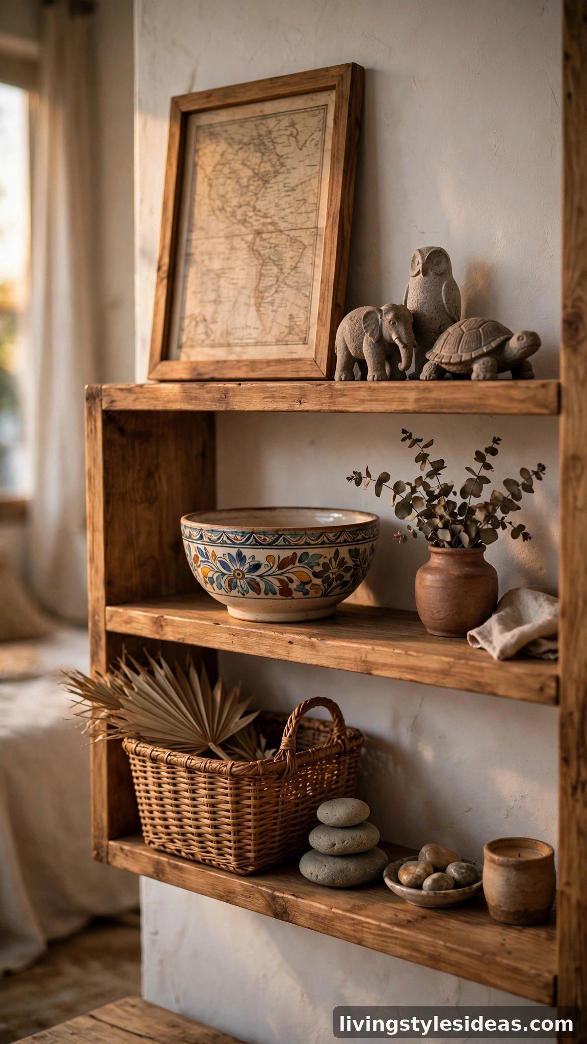 Travel souvenirs and keepsakes styled on a studio apartment shelf