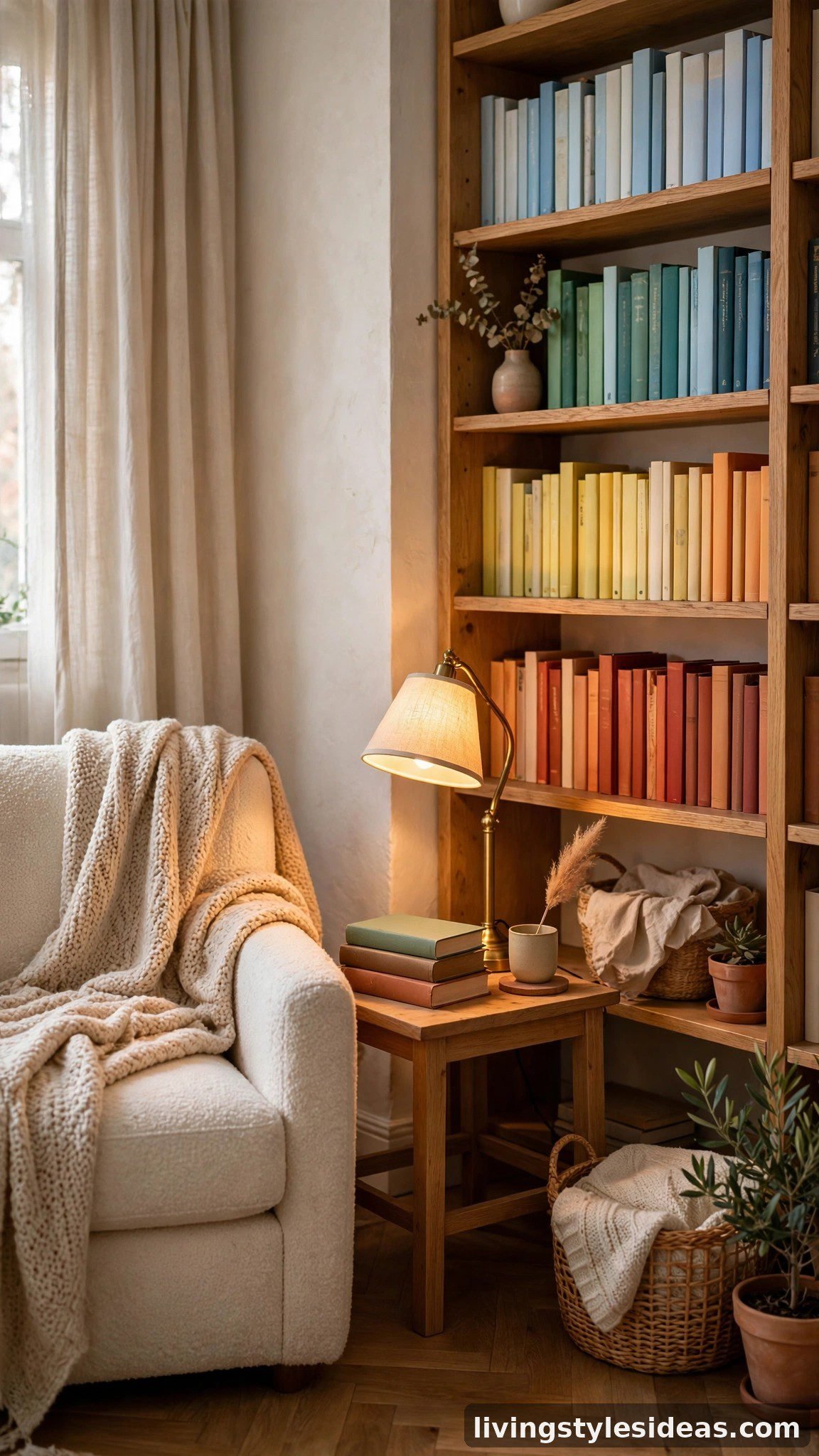 Cozy book nook with stacked books and a reading chair in a studio