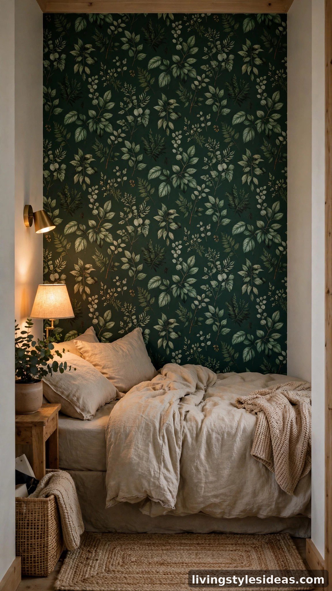 Peel-and-stick botanical wallpaper accent wall in a rental studio
