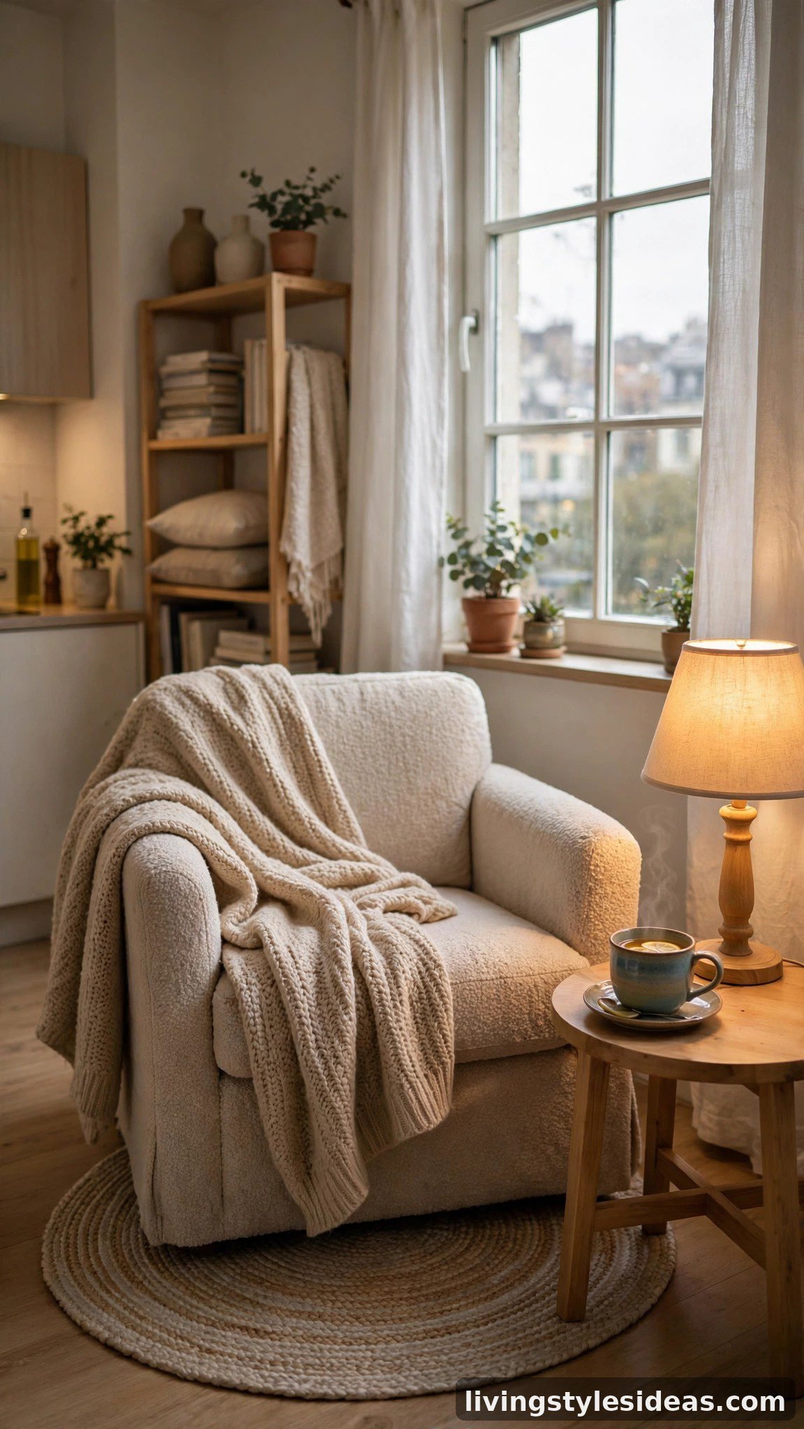 Cozy reading nook with armchair and warm lamp in a studio apartment