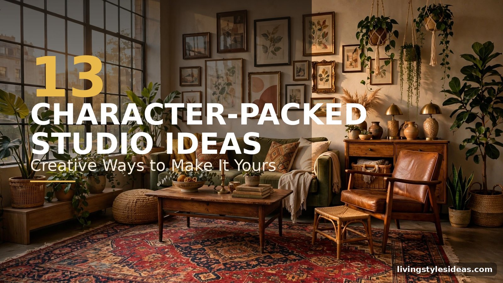 Vintage Persian rug and gallery wall adding character to a studio apartment.
