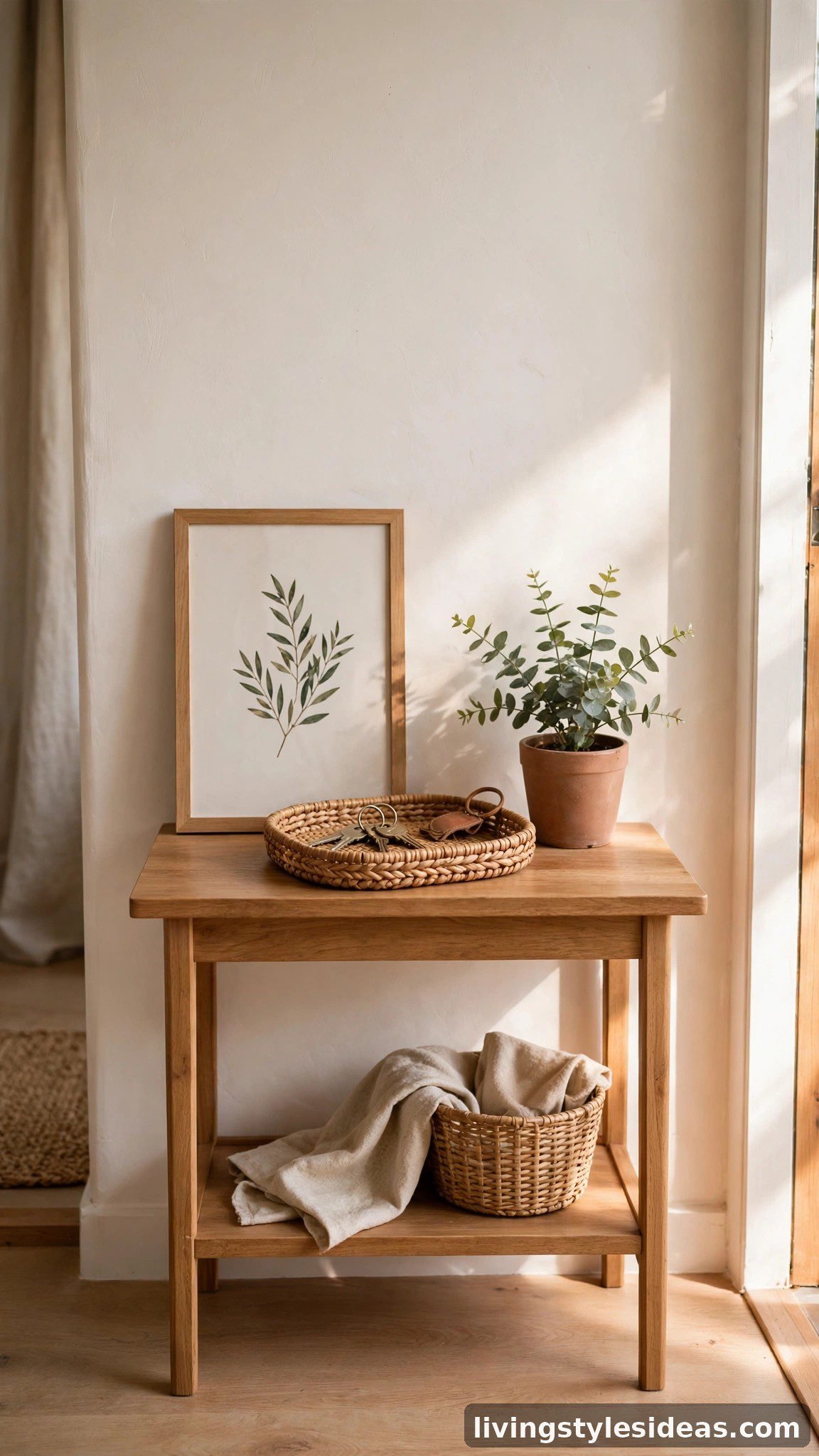 Small Airbnb studio entry with console table, key tray, welcome note and plant
