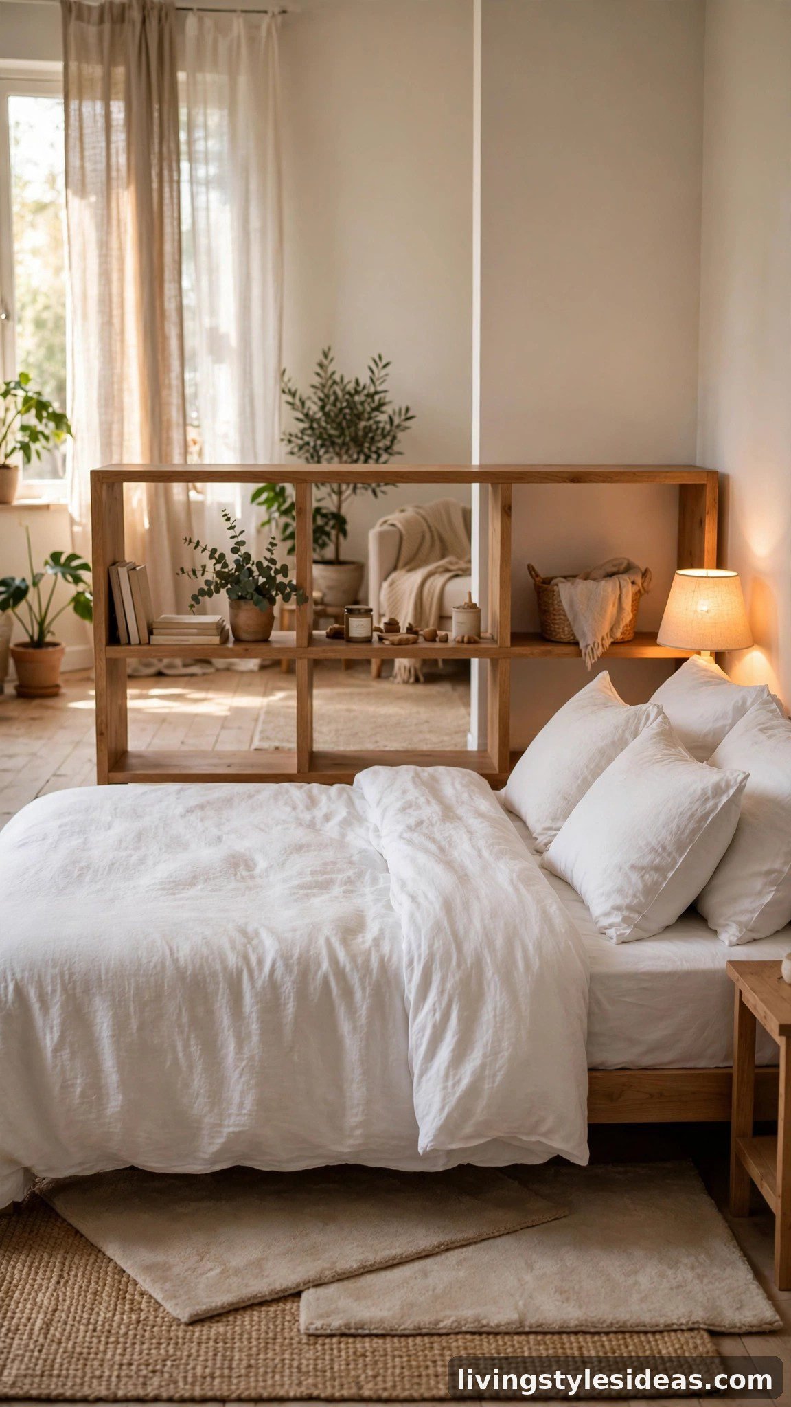 Studio bed area zoned with open bookshelf divider and layered rug