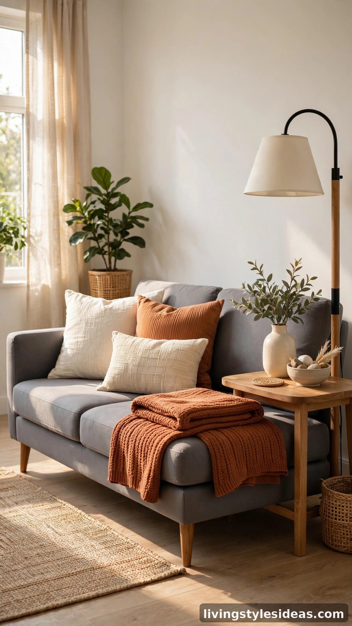 Modern sleeper sofa styled with throw pillows in a studio living area