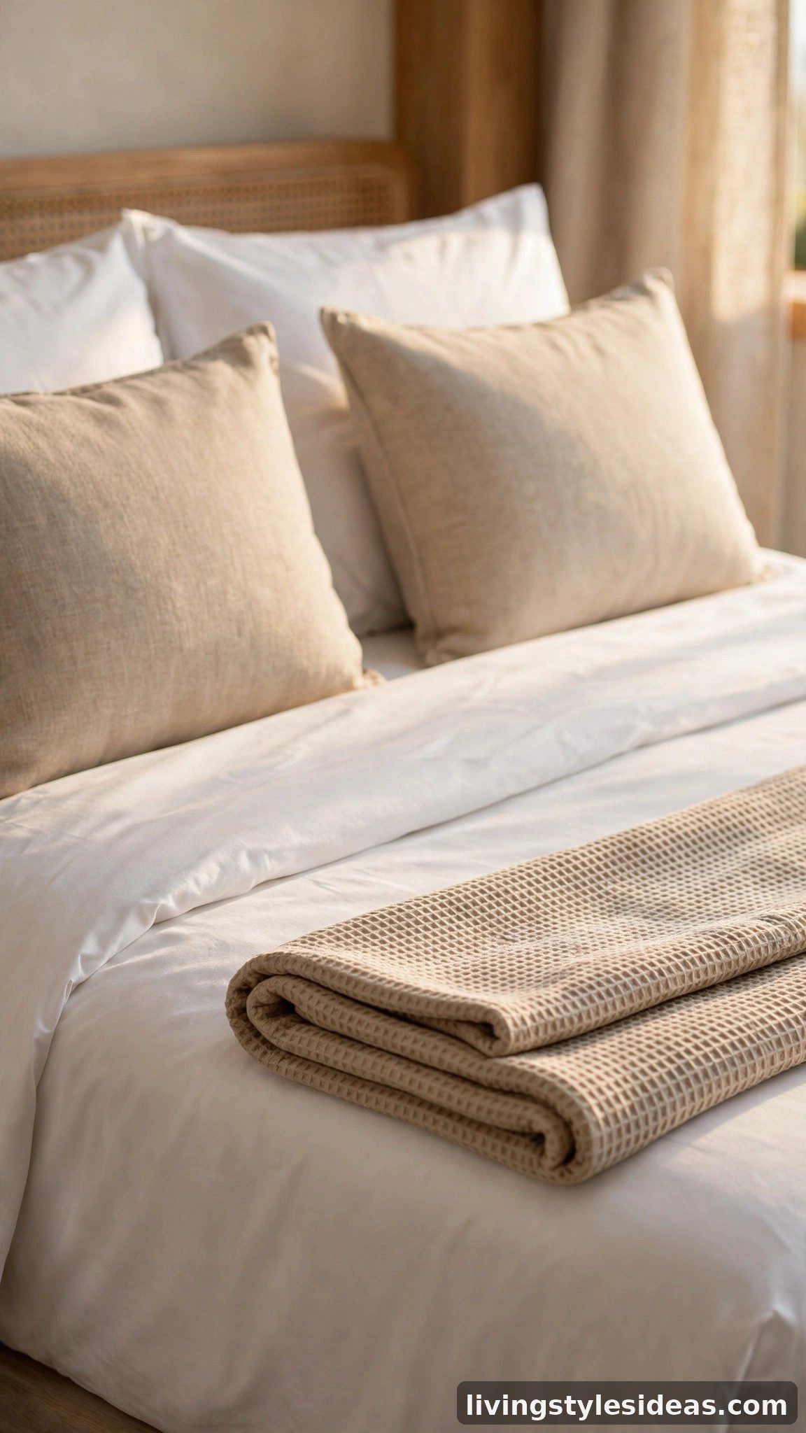 Bed dressed in crisp white hotel-style linens with textured throw