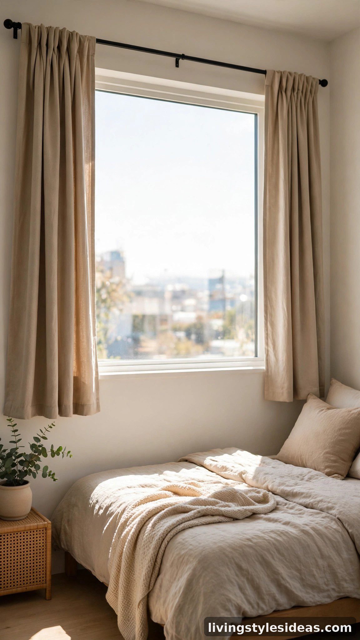 Studio window with warm neutral blackout curtains on extended rod