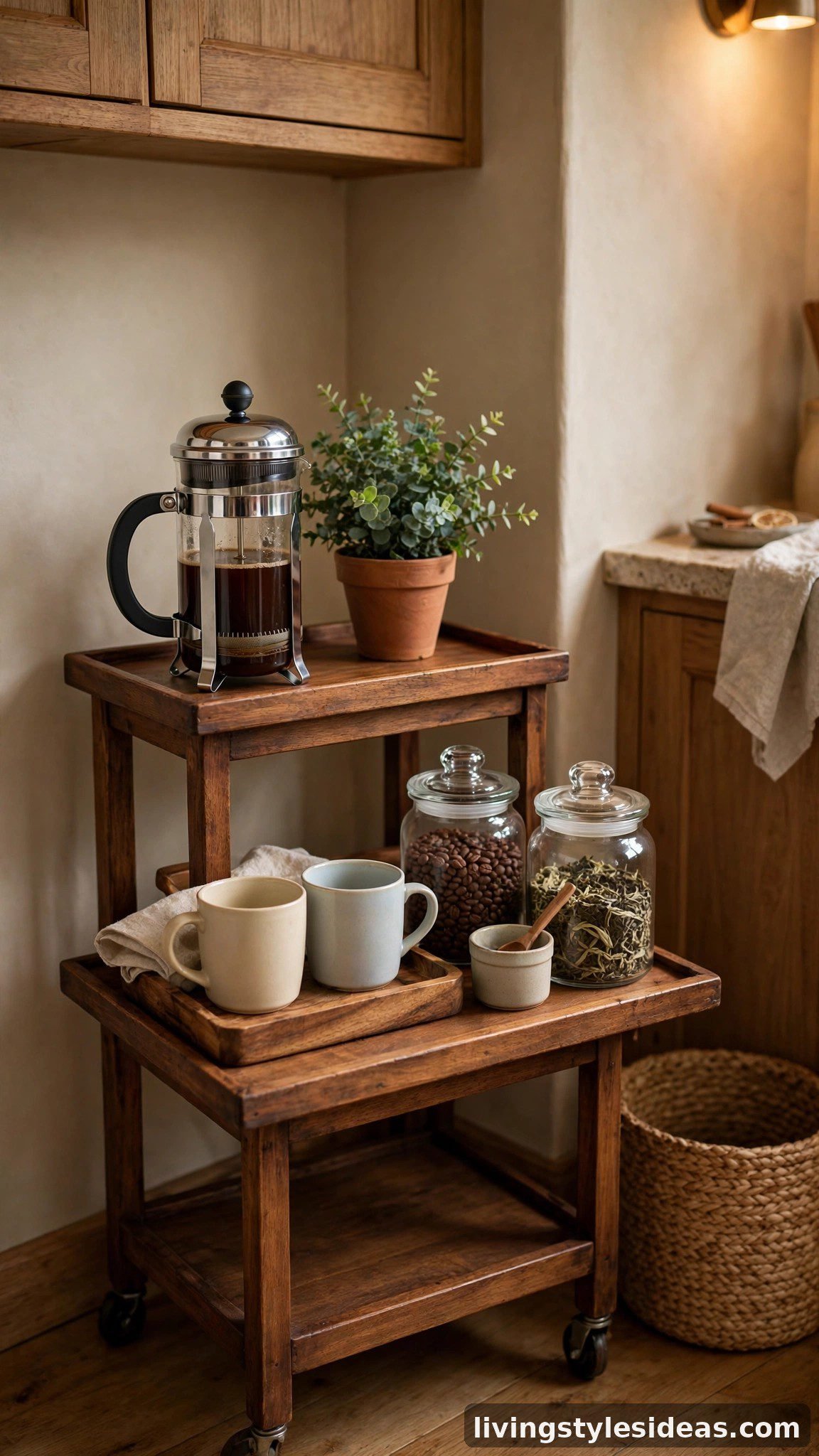 Compact coffee station with French press, mugs and tea selection on tray