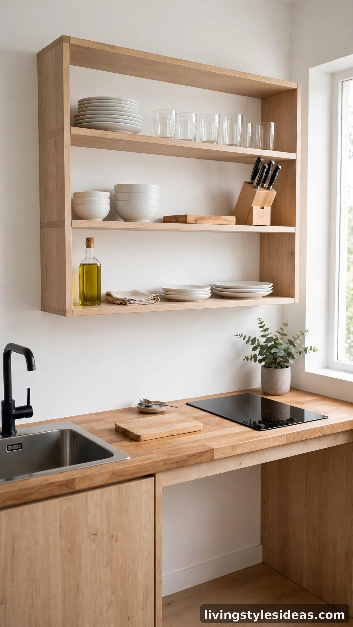 Styled mini kitchenette with open shelving and matching dishware