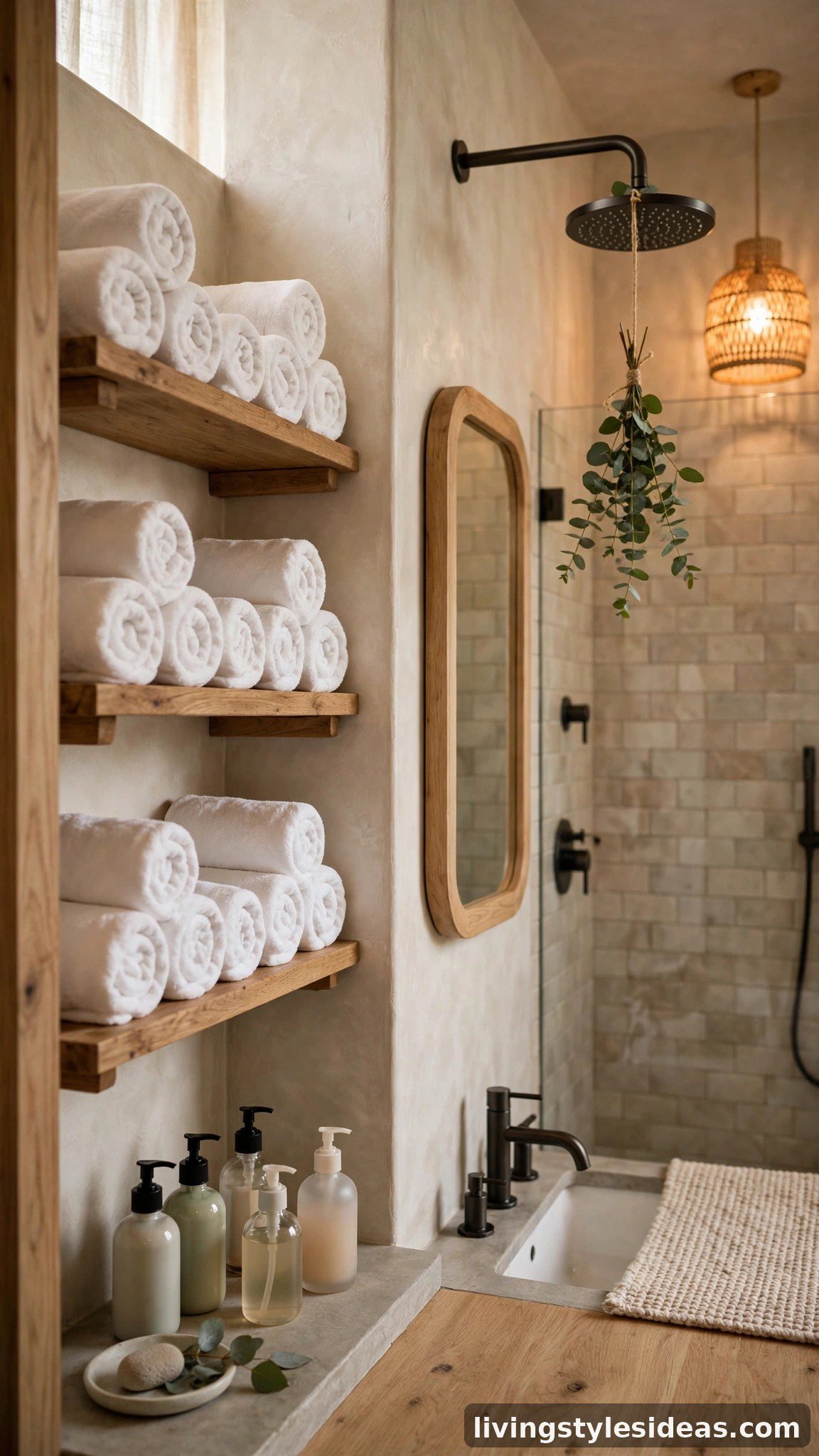 Spa-like Airbnb bathroom with rolled towels and eucalyptus shower sprig