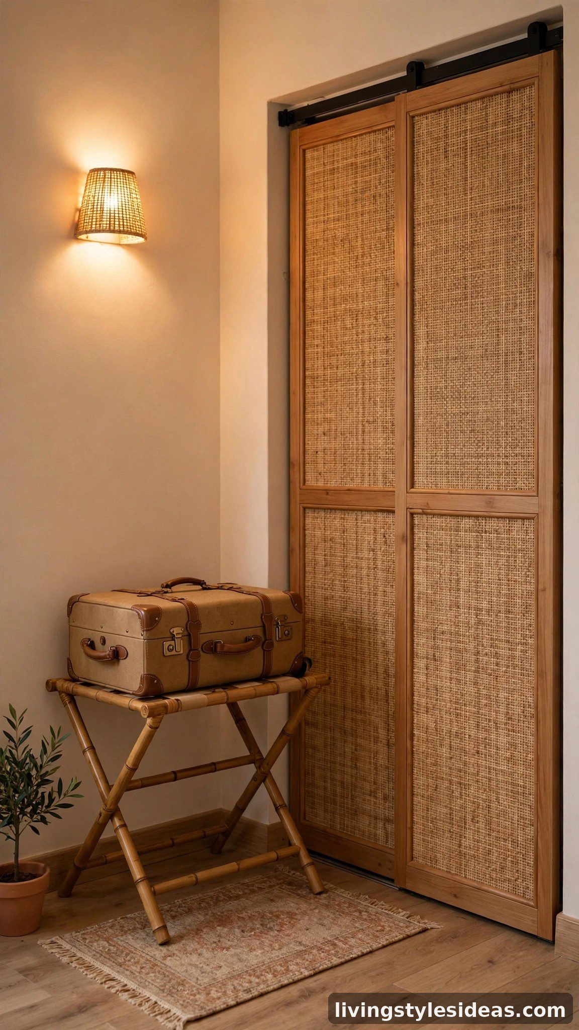 Bamboo luggage rack with suitcase beside studio closet