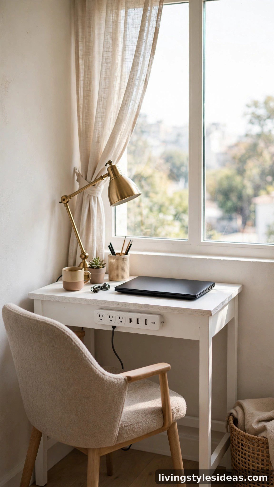 Compact work desk nook with chair, lamp and outlets by studio window