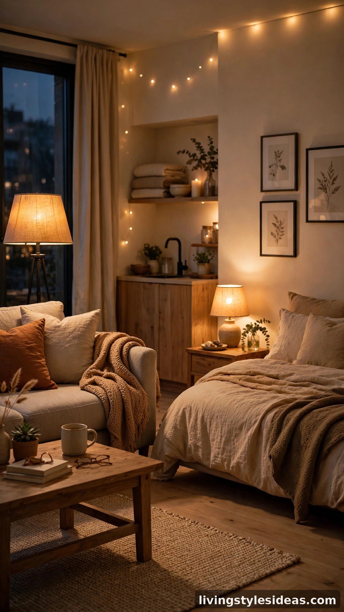 Studio glowing with warm layered lamps in the evening